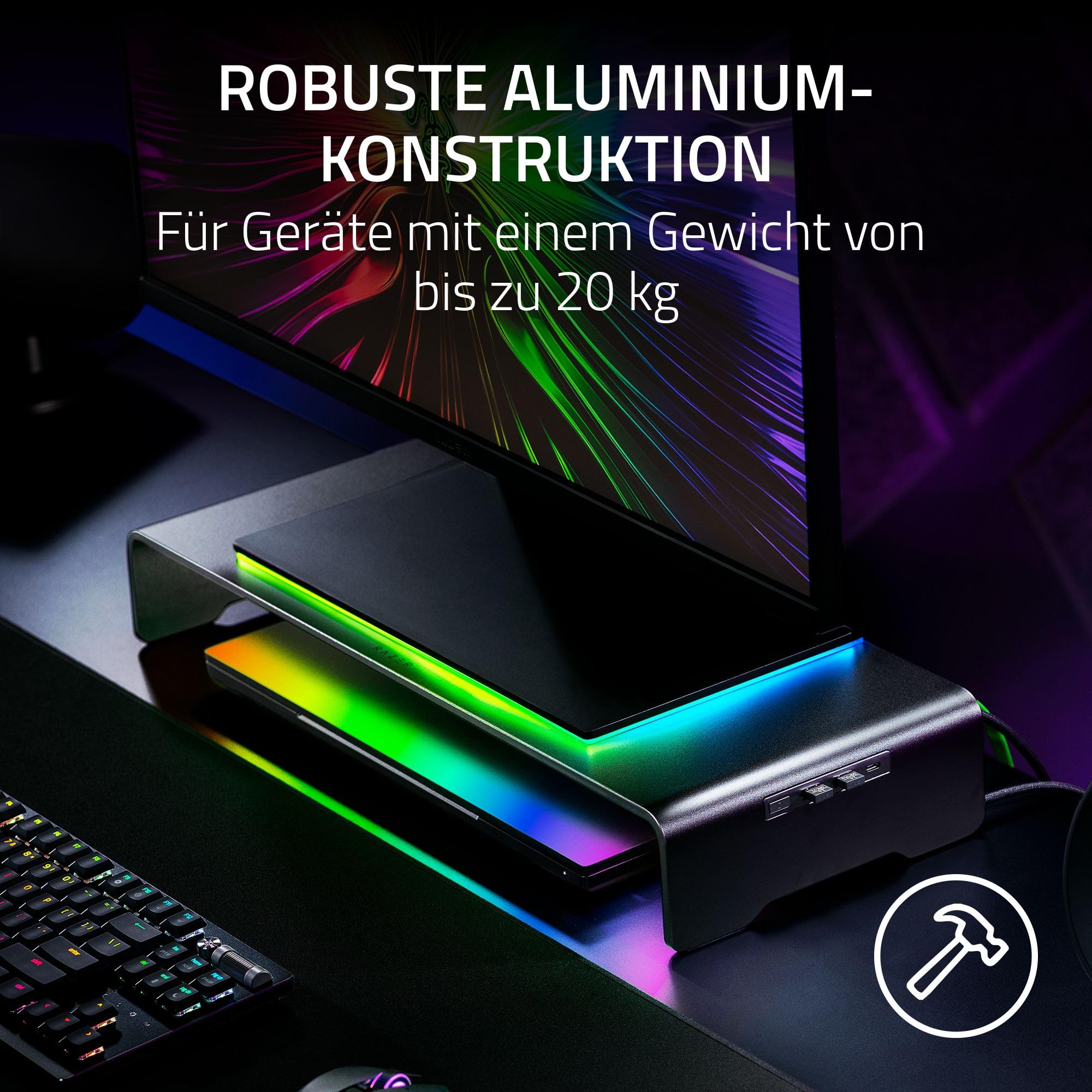 Razer Monitor Stand Chroma - Aluminium Monitor Ständer mit 4-fach-USB-C Hub mit Chroma RGB (50cm x 21cm x 7,85cm, Robuste Konstruktion, 20 kg Traglast, Ergonomische Höhe) Schwarz