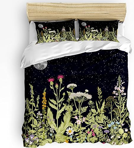 Juego de funda de edredón tamaño King de 3 piezas diseño botánico flores florales luna cielo estrellado suave con cierre de cremallera lazos en las