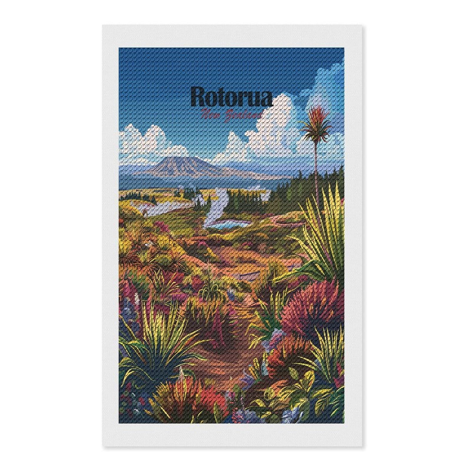 Junmoney Rotorua, New Zealand Landscape Full Drill Diamond Painting Kit 12"x20", Adhesive Canvas, Aesthetic Room Decor, for Family Craft Time, Birthday Gift