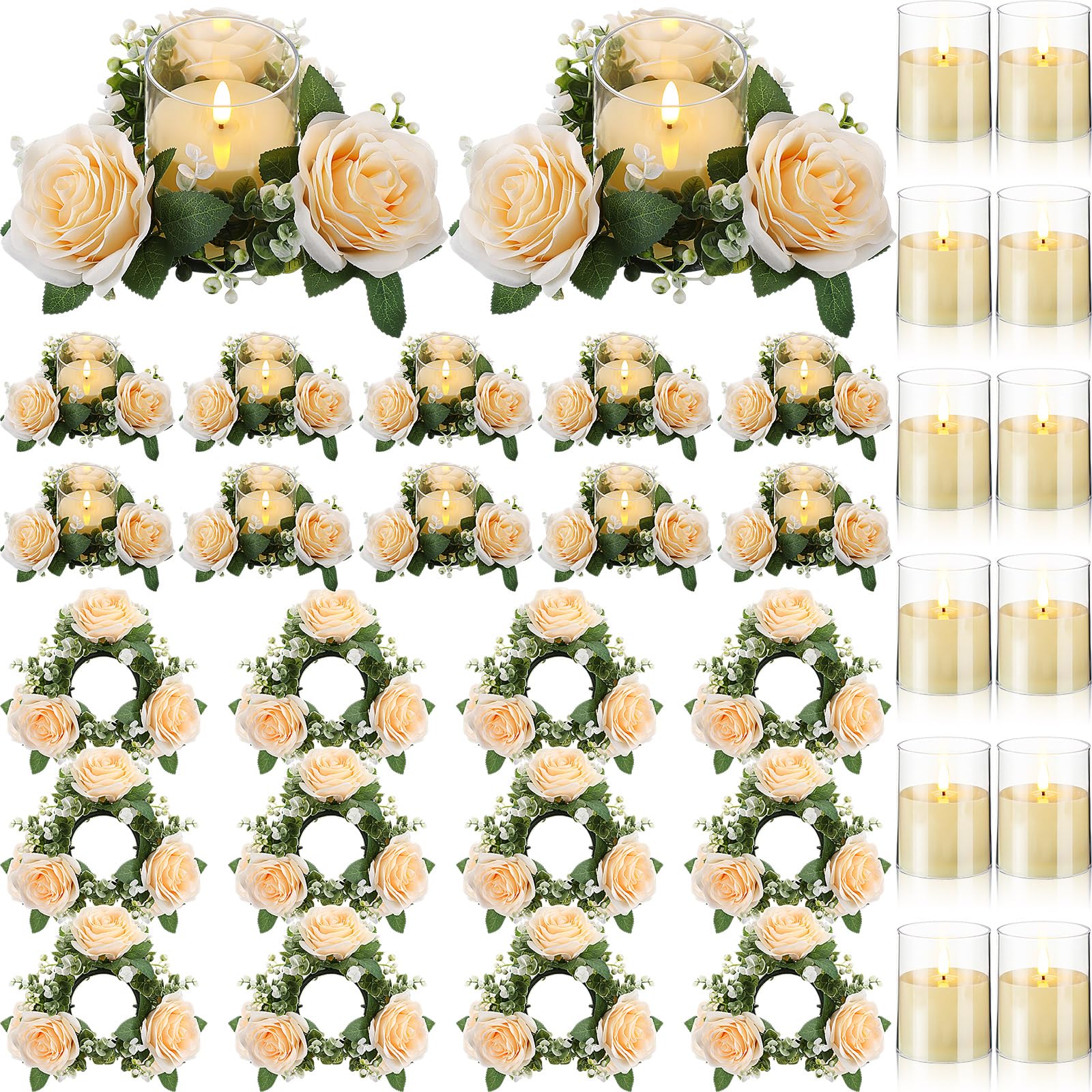 Photo 1 of Yunlly 12 Pcs Rose Candle Rings with Flameless Candles Sets, Artificial Flower Eucalyptus Wedding Centerpiece 3 Inch Pillar Candleholders Wreaths for Wedding Party Mother's Day (Champagne)
