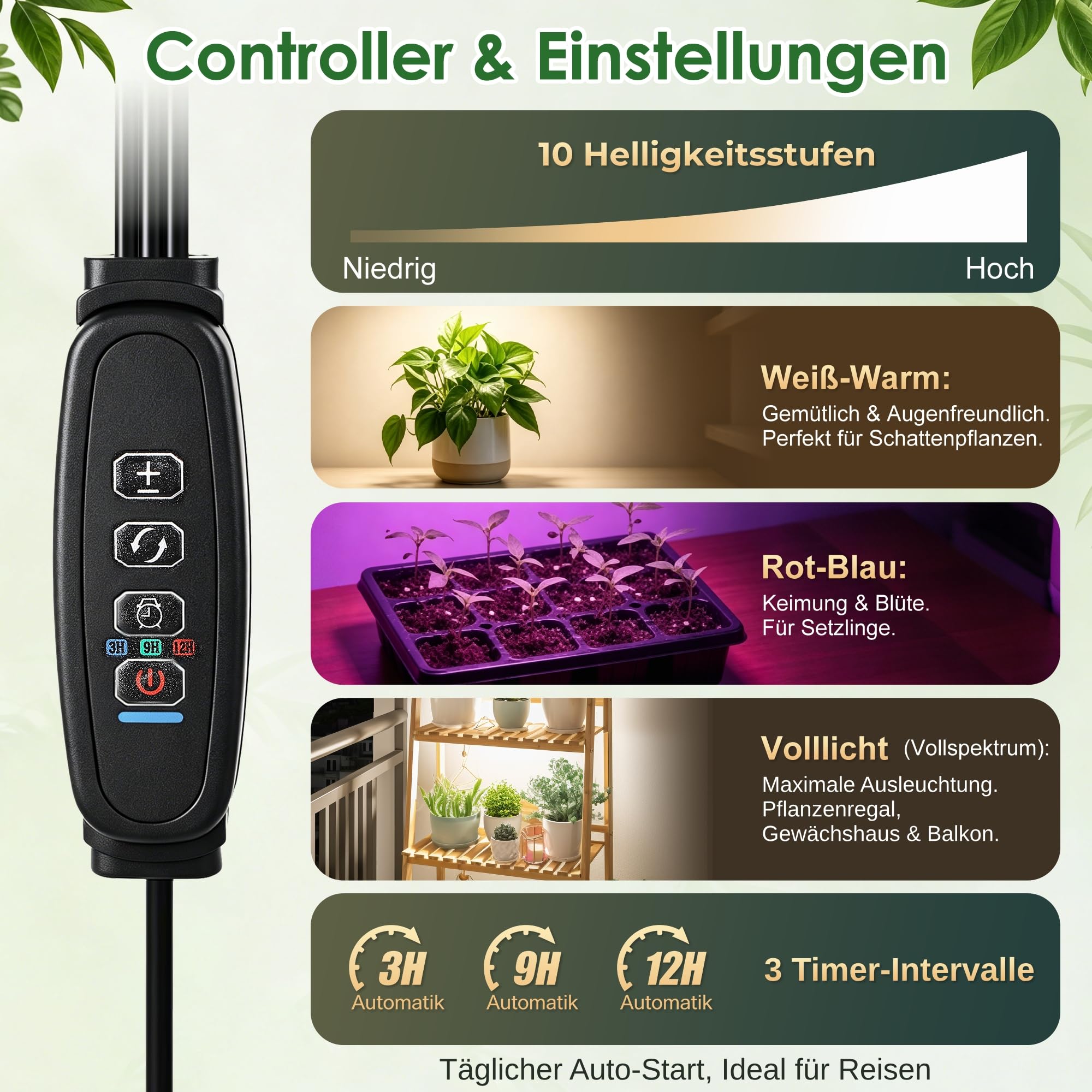 Lampada per Piante da Interno, 30 W 360 LED Grow Light a Spettro Completo, dimmerabile timer ciclo 3/9/12 ore, regolabile in altezza 80-170 cm