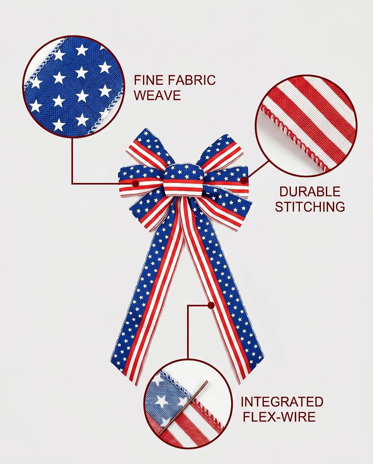 4th of July Independence Day Decor Bow, 2-Pack Red White Blue Striped, Adjustable Flex-Wire Base for Quick Mounting, Weather-Resistant Material Elevates Front Porch & Patio Arrangements
