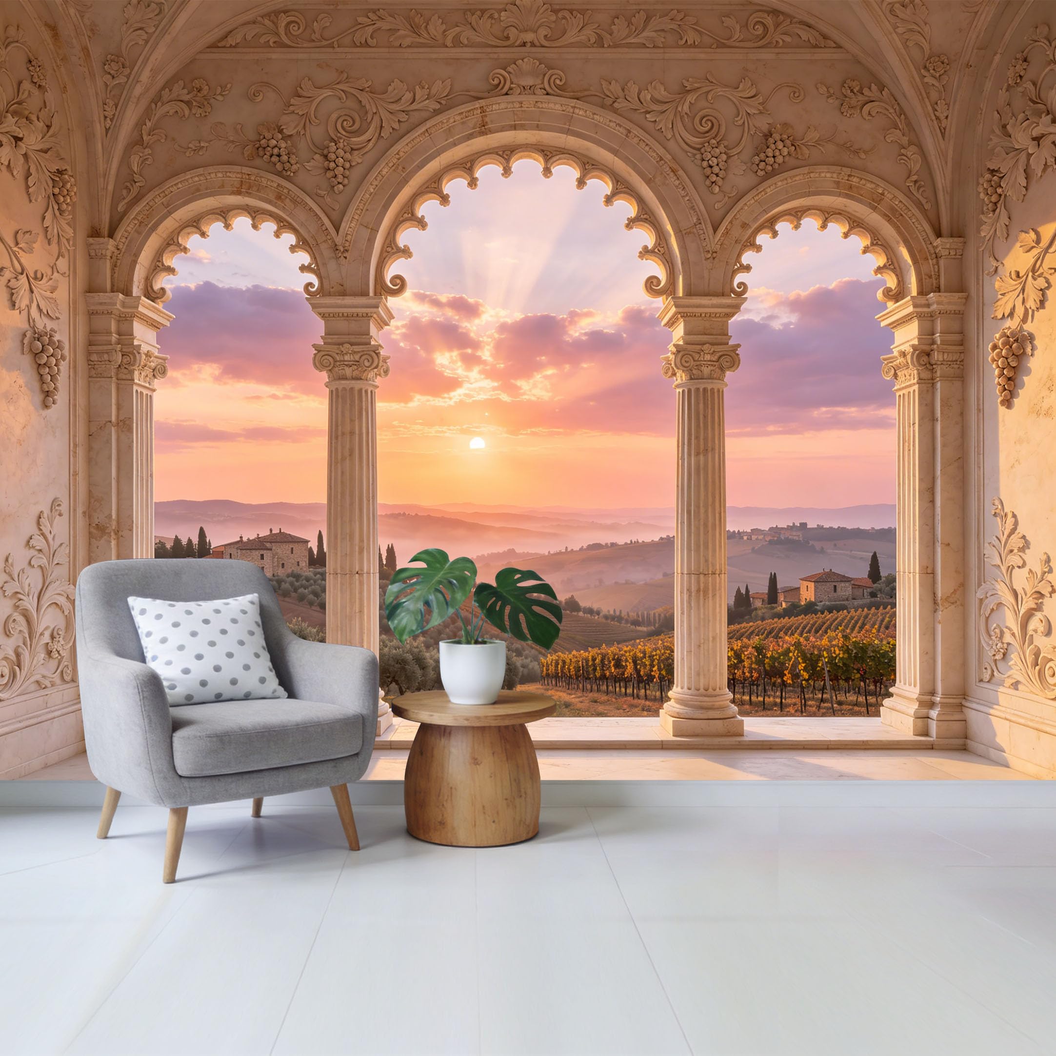 Removable Self Adhesive Fabric Mural， Neoclassical Sunset Vineyard Archway Custom Size Wall Covering， UV Protected Waterproof Washable Wall Decor for Living Room Bedroom Bathroom