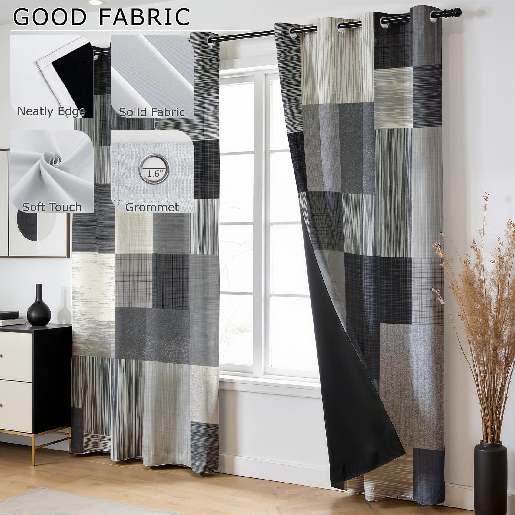 Mistela Graue Vorhänge, moderner geometrischer Schlafzimmervorhang, Ösen, Verdunkelung, wärmeisoliert, kleine Fenstervorhänge für Wohnzimmer, B 46 x T 72 cm, 2 Paneele, minimalistische