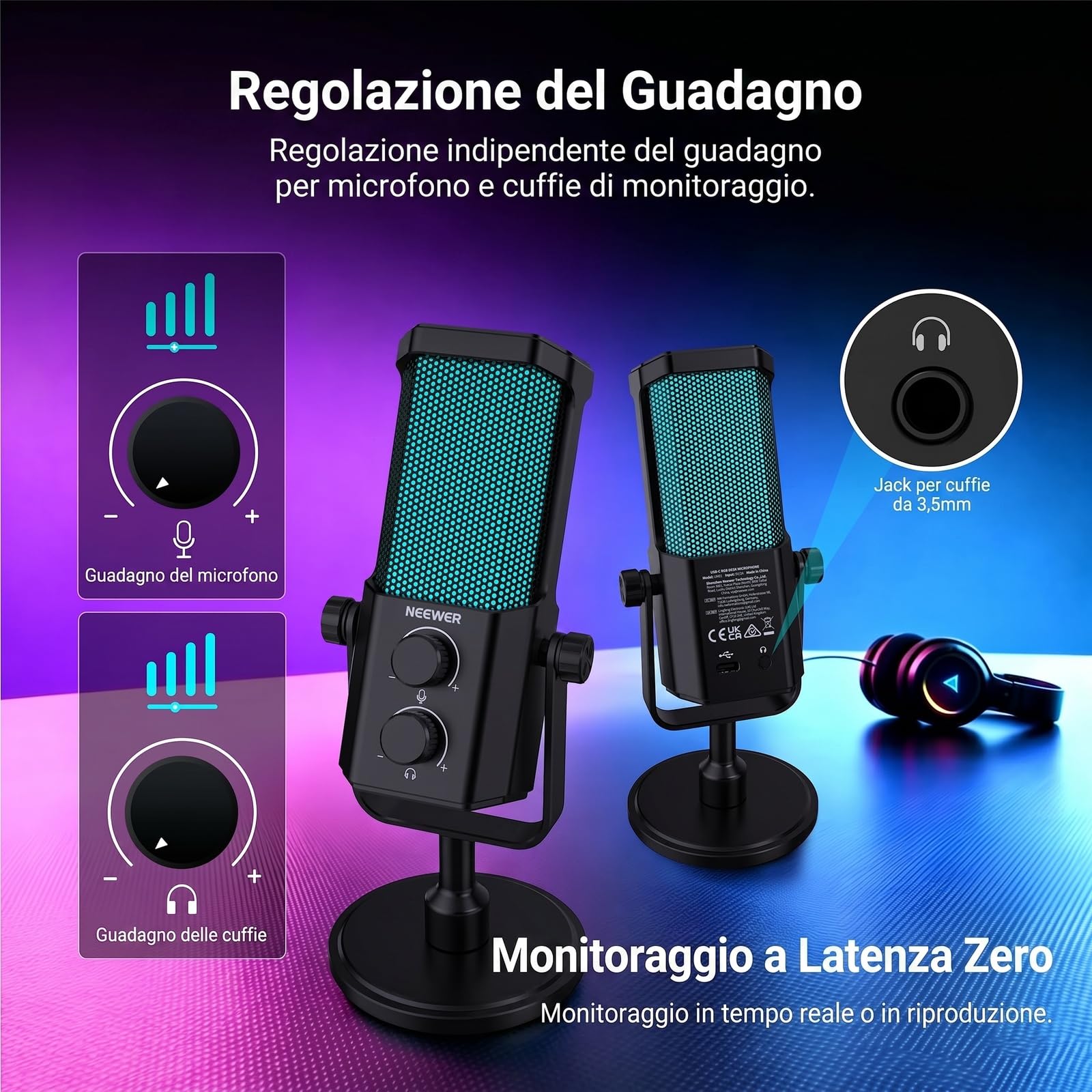 NEEWER UM01 Microfono USB con Anti Rumore AI, Mic a Condensatore Cardioide RGB Plug e Play,Muto/Sinc Musica/Controllo App per Android Windows PC Mac PS4/5 Gioco Registrazione Streaming Podcast Studio