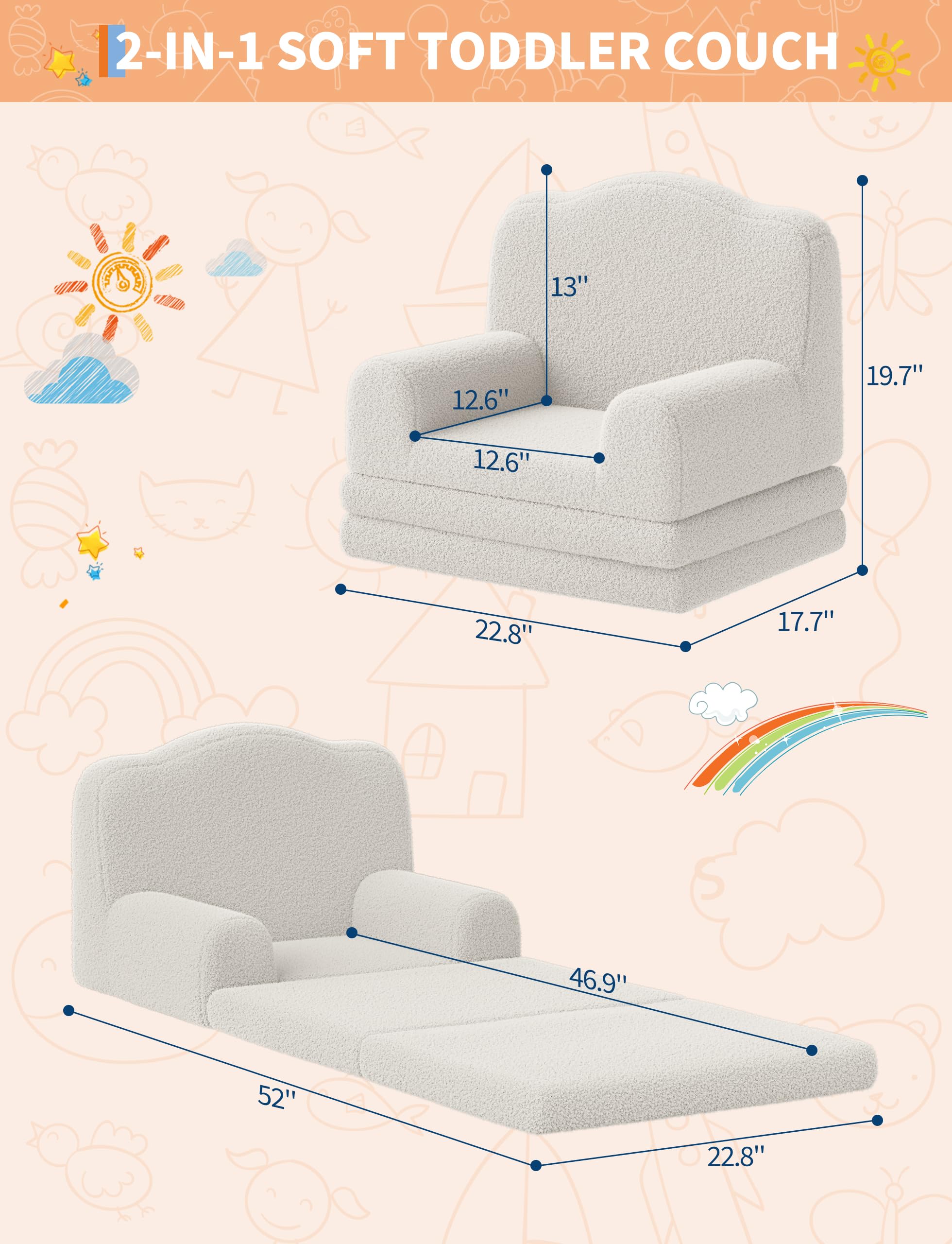 Fauteuil Enfant Convertible 1 Place,2 en 1 Canapé lit Convertible en Mousse Haute densité,Dossier Haut,Antidérapant,Chauffeuse Enfant lit Convertible pour Chambre,Salon(132x58x5cm,Beige)