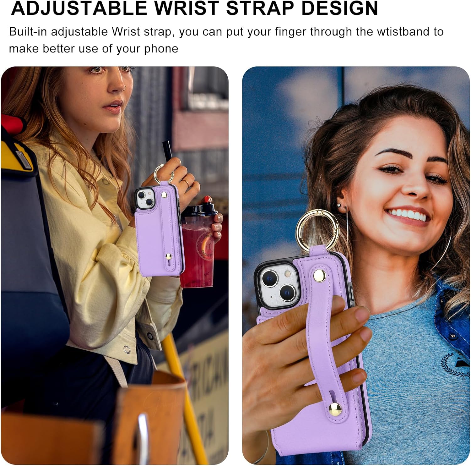 Folosu for iPhone 13/14 Wallet Case with Card Holder, Hand Wrist Strap Loop Holder Kickstand, RFID Blocking Finger Grip Ring PU Leather Double Buttons Shockproof Cover 6.1" Purple