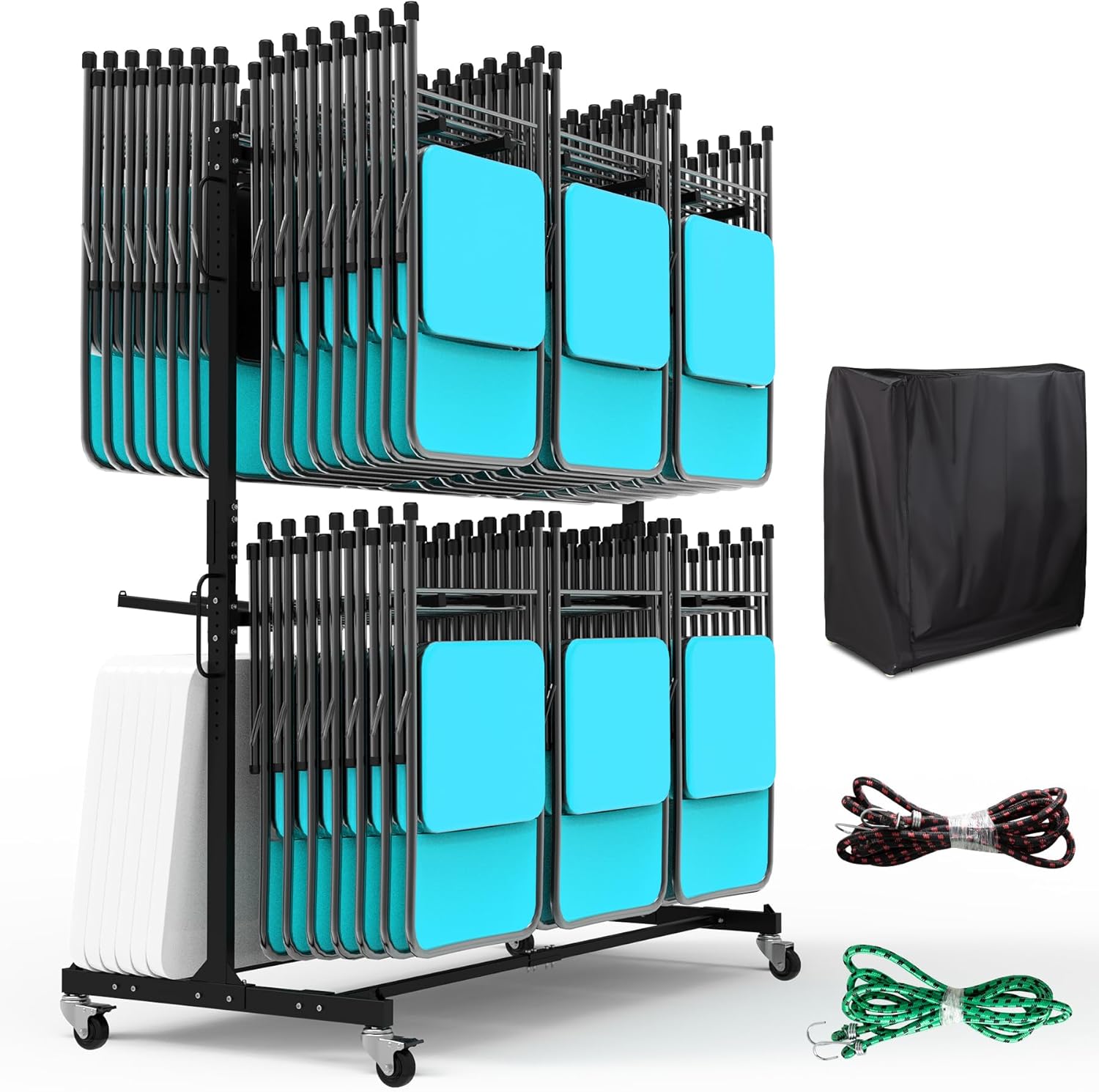 Folding Chair Rack, Heavy-Duty Folding Chair Cart with Swivel Wheels, Holds 12 Tables or 84 Chairs, Up to 1000 LBS Capacity, 2 Binding Ropes, Dust Cover, 72“L x 33”W x74”H, Black 84 Chairs Capacity