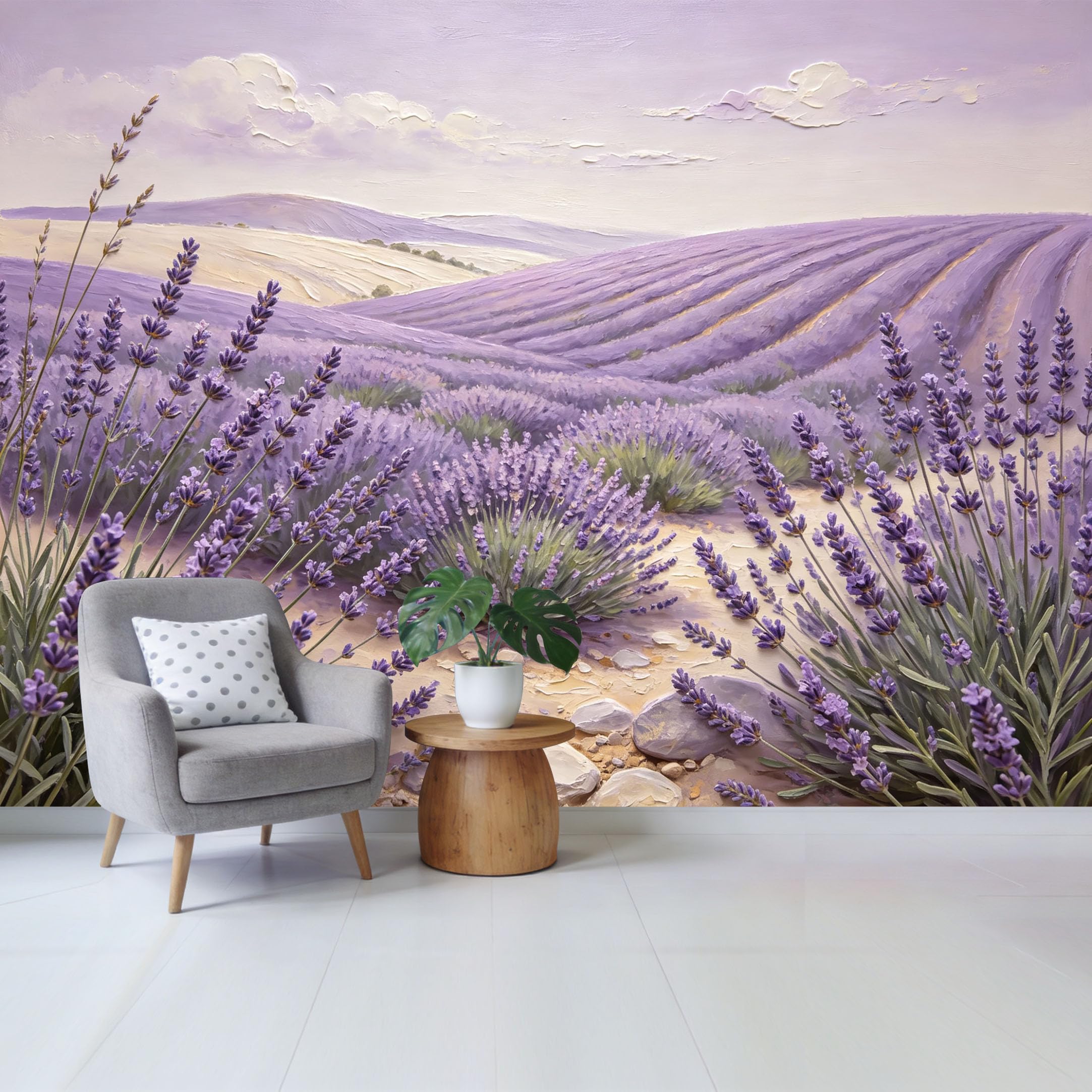 Qzlithotic Yq2605250510 Custom Size Wall Mural Purple Lavender Field Landscape Oil Painting Textured Art Selfadhesive Wall Fabric Removable Wallpaper For Home Office Decor