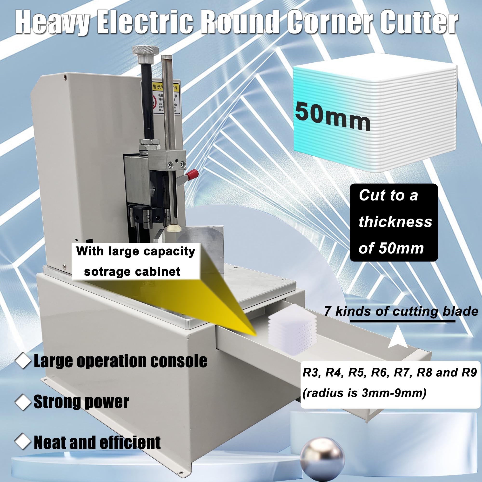 HQHAOTWU Electric Corner Round Cutting Machine Electric Corner Rounding Machine with Paper Drawer Semi-Automatic Paper Round Corner Cutter with Foot Pedal Cutting Radius R3-R9 7 Cutting Dies 110V