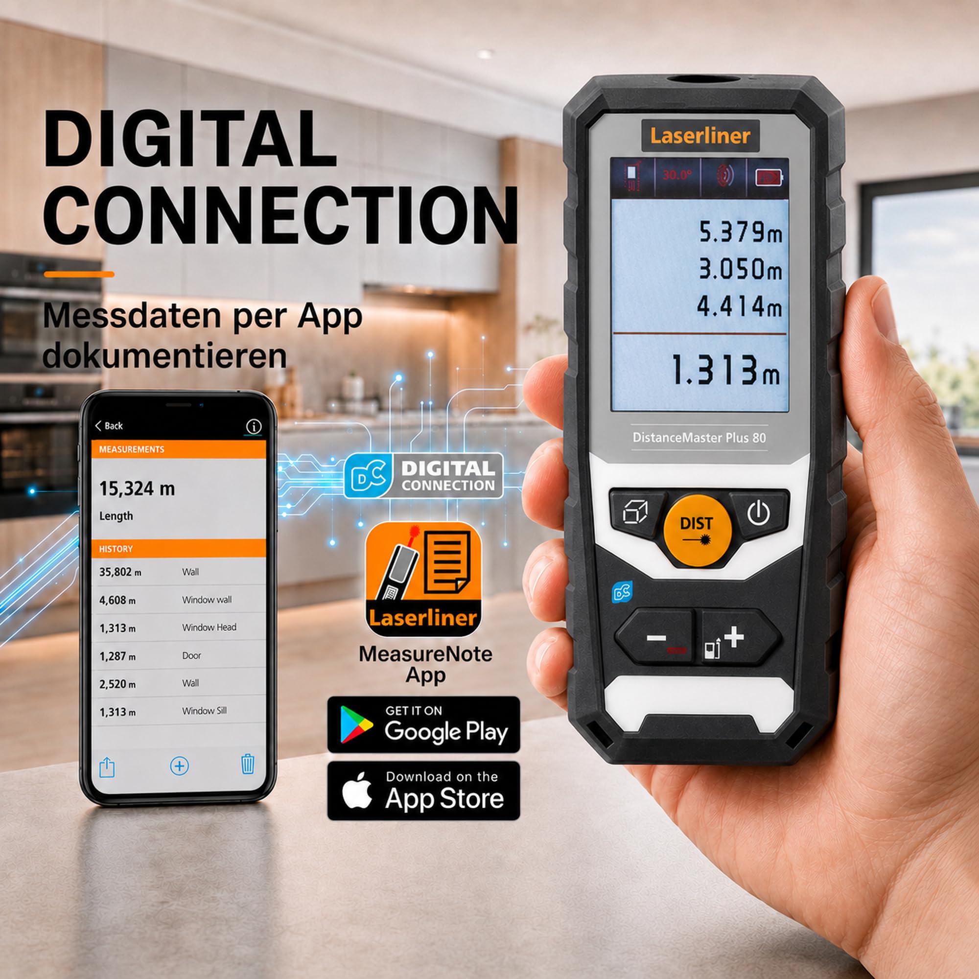 Laserliner Télémètre Laser DistanceMaster Plus 80 | Appareil de Mesure Numérique, Portée de 80 m, Mesure de Longueurs, Mesure de Surfaces, Mesure de Volumes