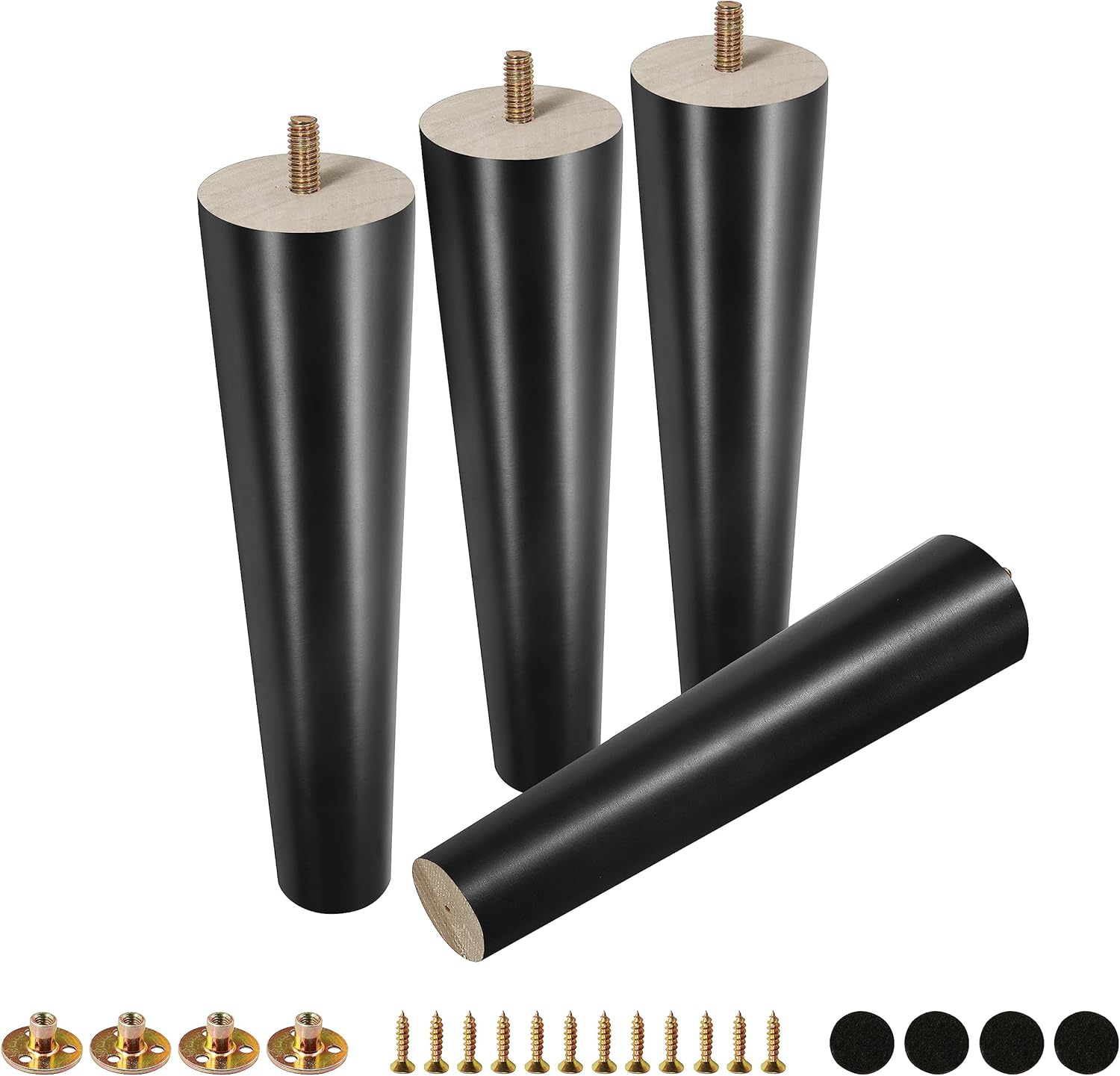 FoDau770 Black Rubber Wood Furniture Legs 10 Inches, Straight Tapered Wood Feet Mid Century Sofa Legs Set of 4, 5/16" UNC Furniture Feet for Cabinet Couch Dresser Chair Ottoman Table Black 10 Inch - Straight (90°)