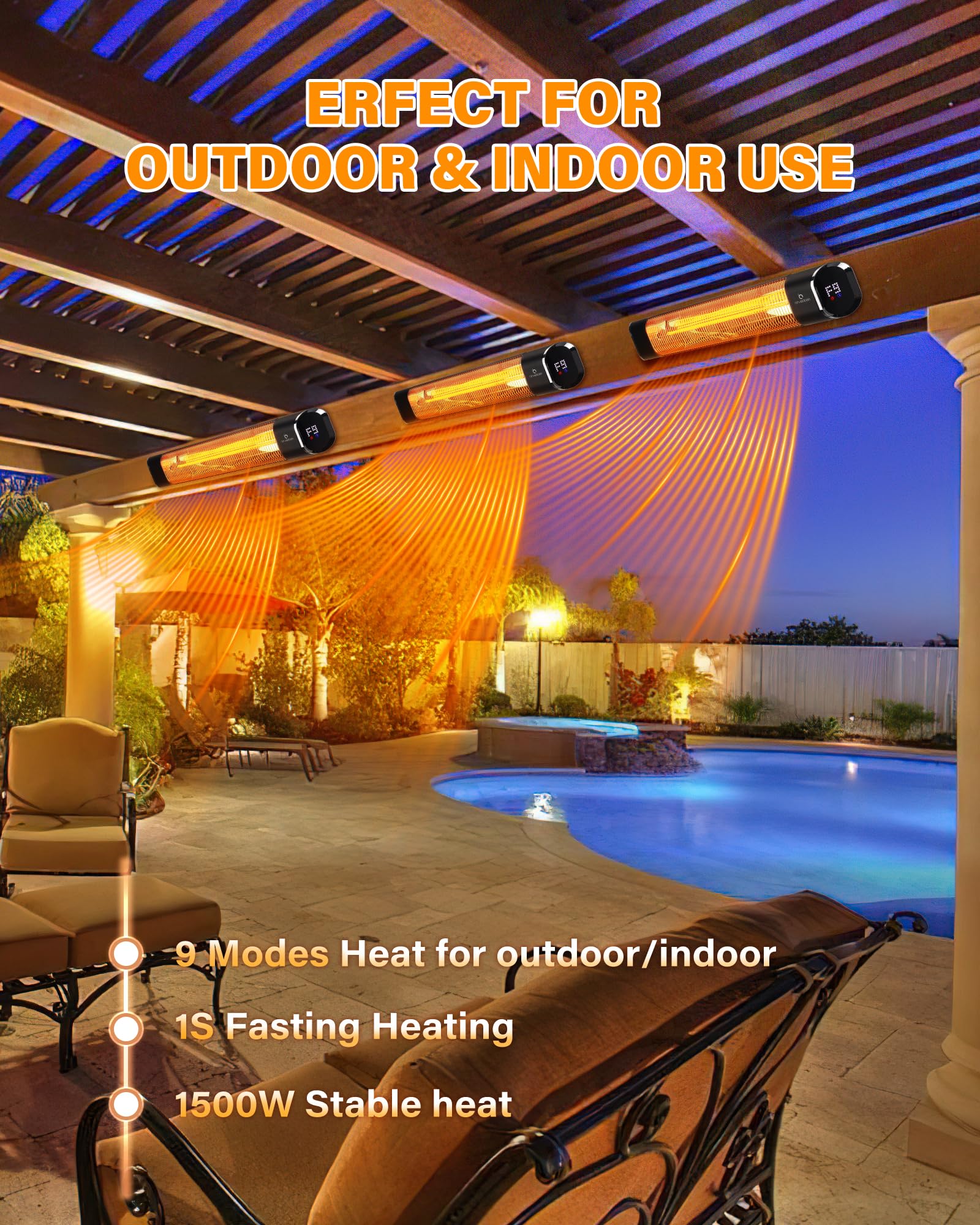 Airvention Electric Outdoor Heater, Patio Wall Mouted Heater with 9 Heating Modes 12H Timer, 1500W Infrared Garage Heater with Remote Control, IP65 Waterproof, Perfect for Backyard Patio Home