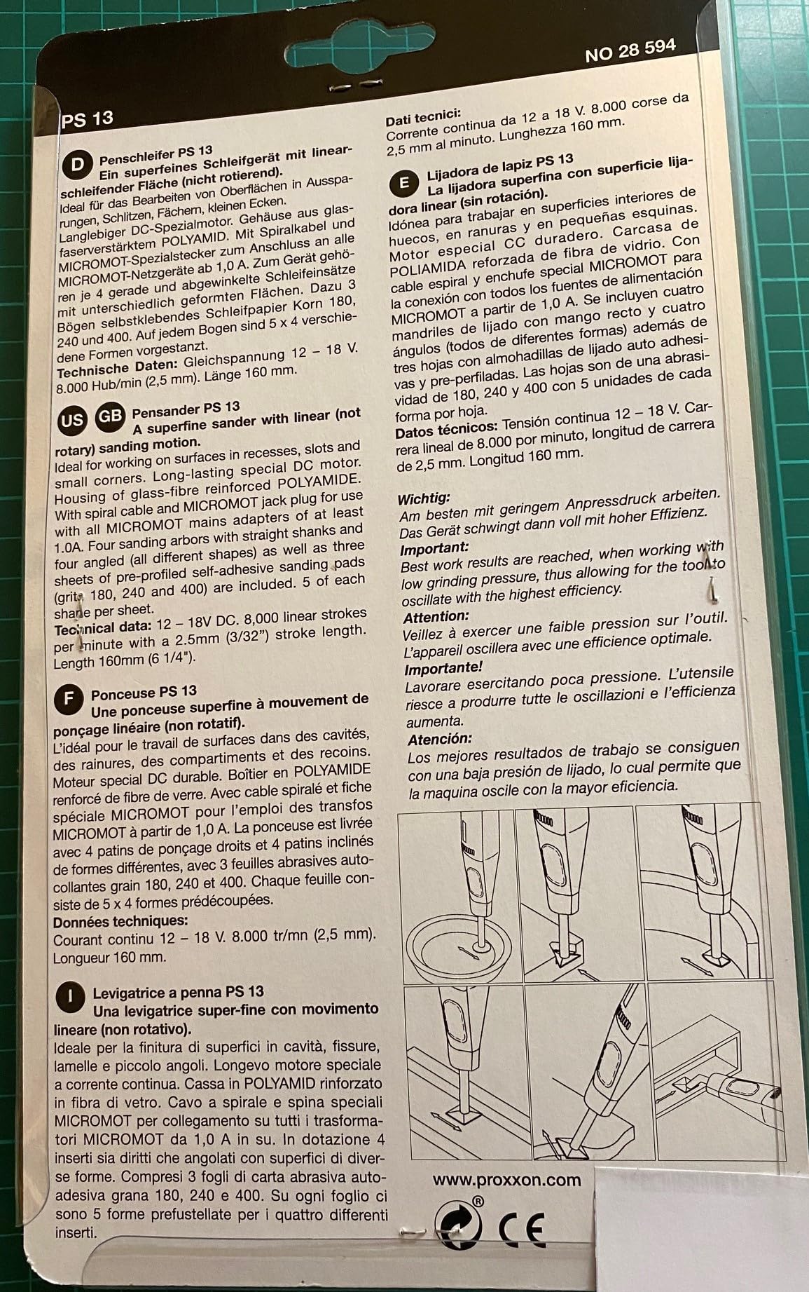 PROXXON MICROMOT Mini Schleifer/Penschleifer PS 13 Set – inklusive Netzgerät, 4 gerade Schleifeinsätze, 4 abgewinkelte Schleifeinsätze und 240 Schleifblätter in verschiedenen Formen und Körnungen