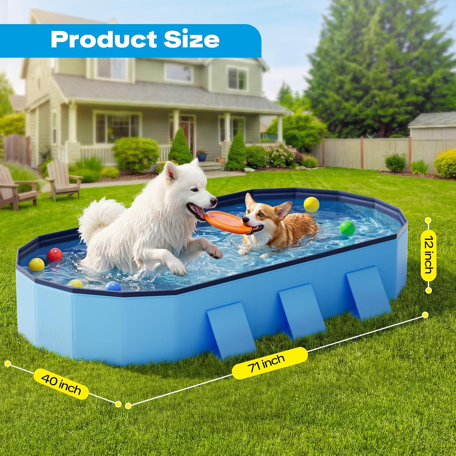 Foldable Dog Pool, 71" Extra Large Portable Pet Bathtub with Non-Slip & Reinforced Support Boards for Indoor Outdoor Backyard Use (Blue)