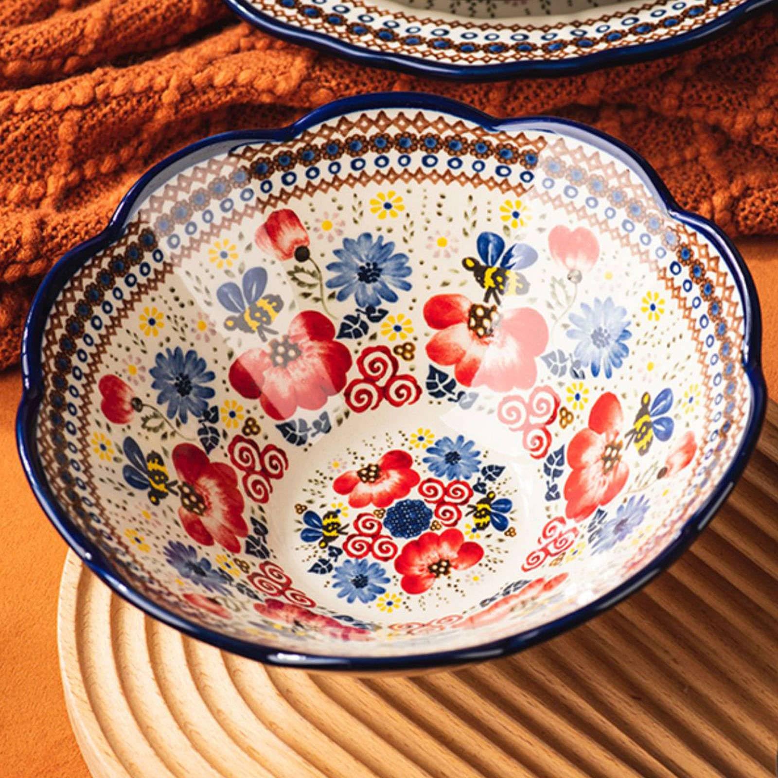 Keramik-Instant-Nudelschüssel, Ramen-Schüssel 2er-Set, Keramik-Ramen-Schüssel, große Suppenschüsseln-Blau und Blumen-8 Zoll(Red)