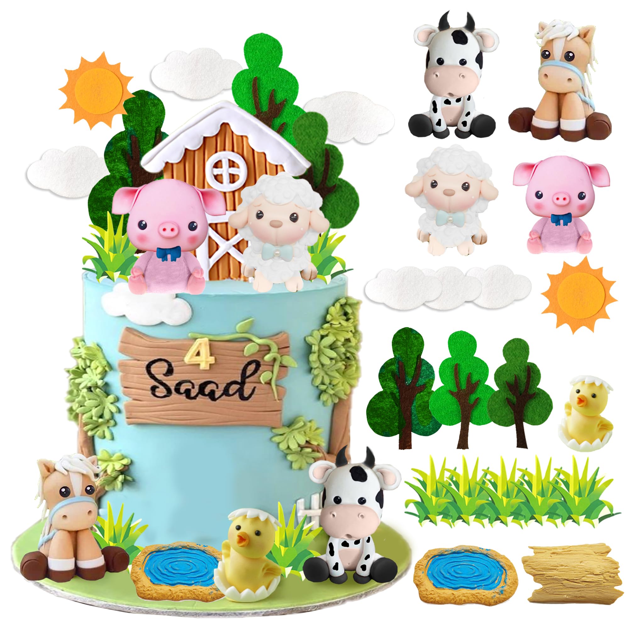 Photo 1 of DRWATE Farm Animal Cake Topper Cow Cake Decorations with Cow Pig Horse Sheep Chicken for Baby Shower Farm Birthday Party Supplies (Clay)