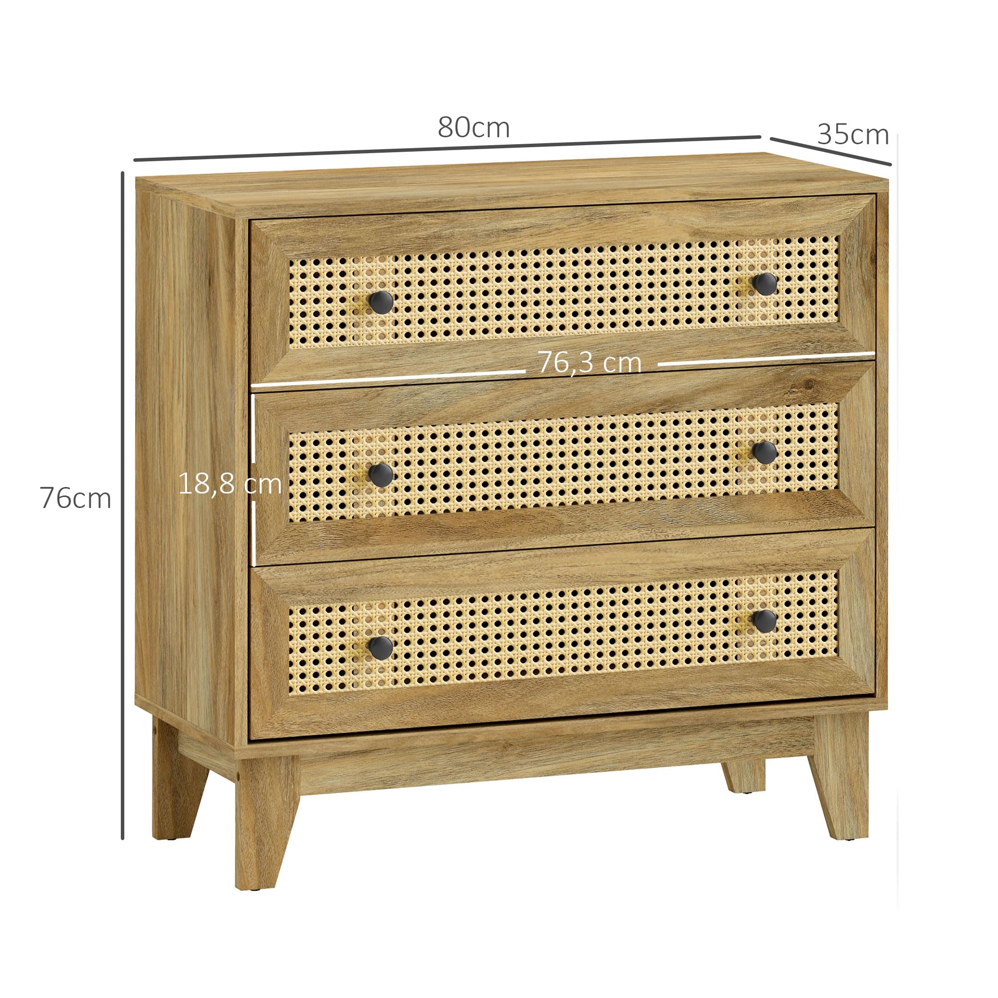 HOMCOM Cassettiera 3 cassetti 80x35x76cm Effetto legno chiaro