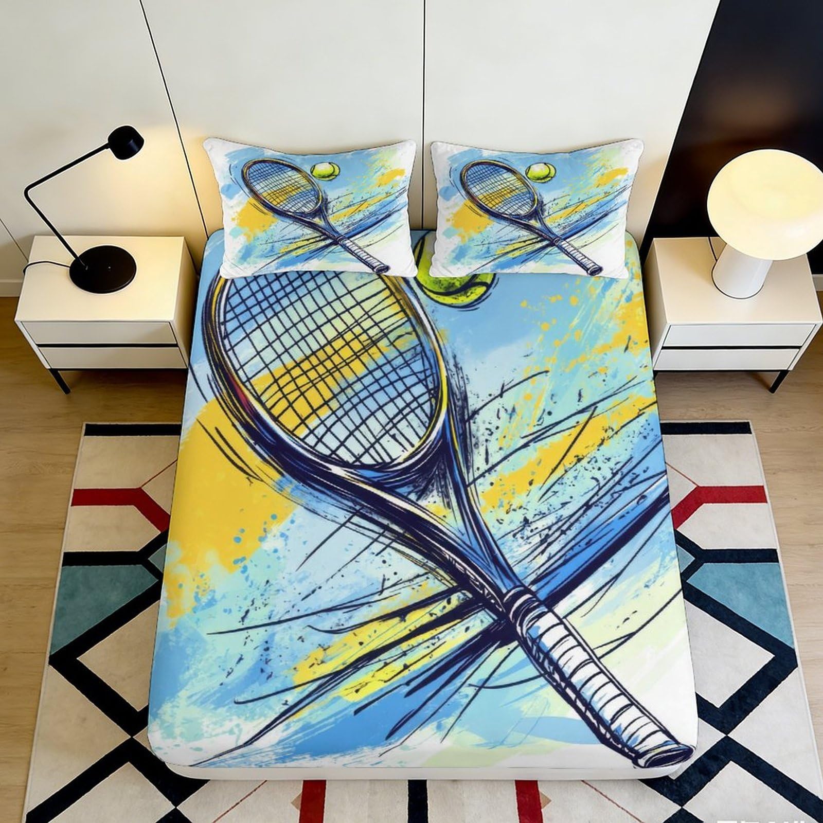 3D Printed Tennis Racket Fitted Sheet Microfiber Soft Breathable Blue Yellow Abstract Bed Cover for Bedroom Dormitory Guest Room Mattress Protection Decor 160x200x25cm
