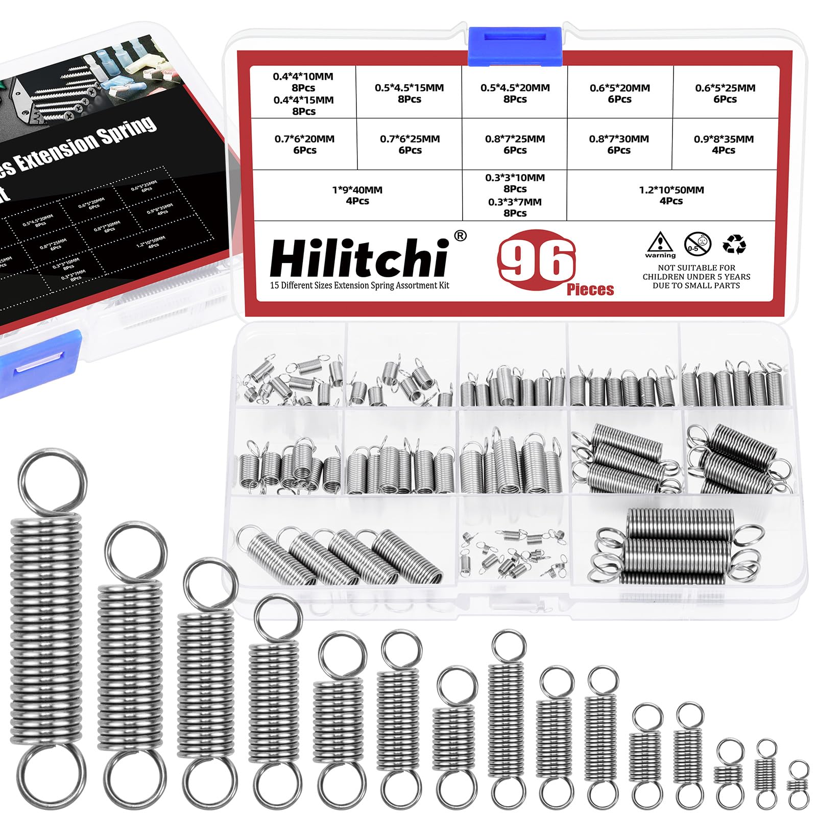 Hilitchi 96Pcs 15 Sizes Extension Spring Assortment Kit Extension Spring Stainless Steel Springs Assorted Size Small Springs Compression Tension
