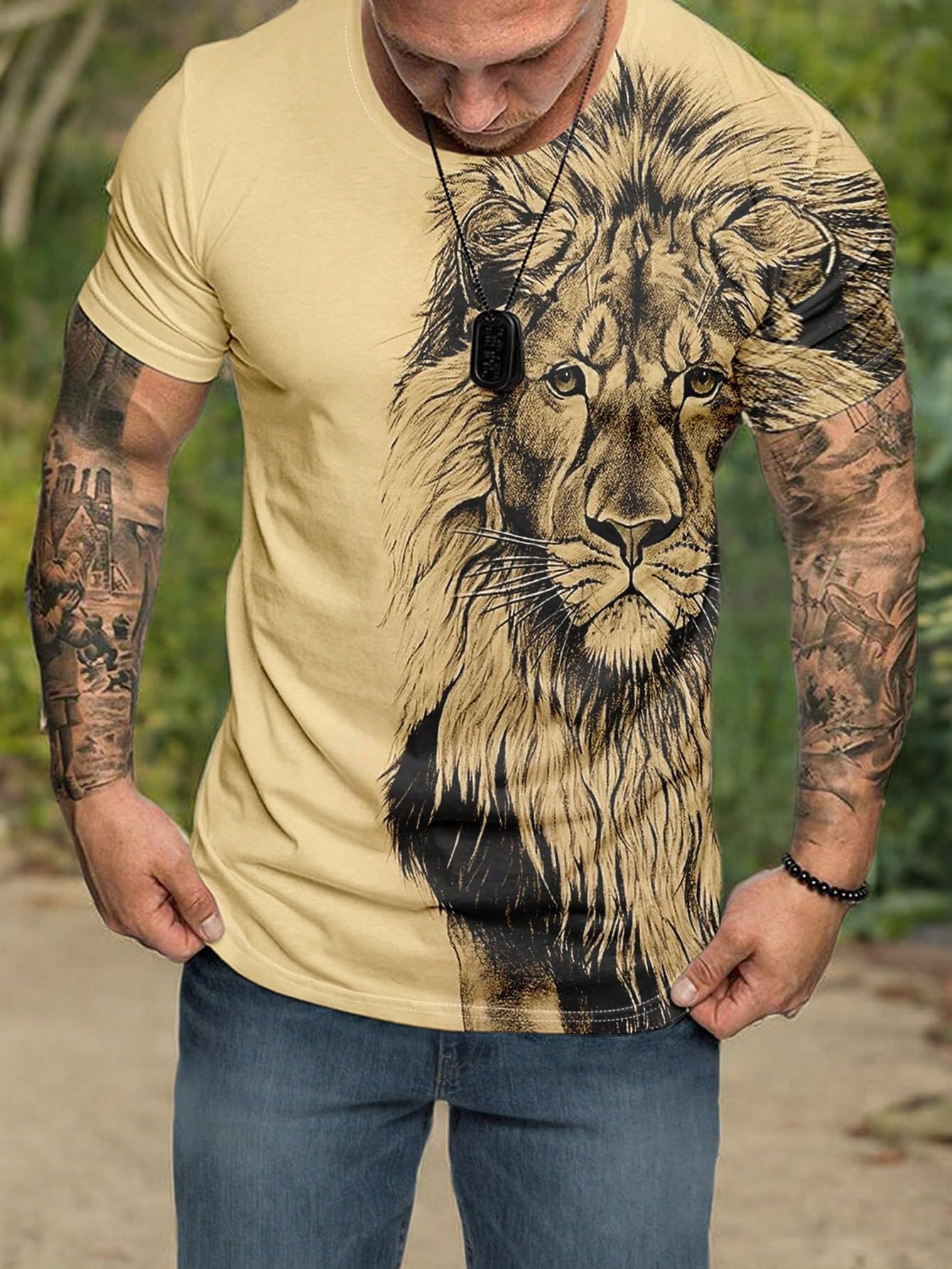 SOLY HUX Men's Plus Size Graphic Tees Lion Print Short Sleeve Round Neck T Shirt Tops Brown Lion 1XL