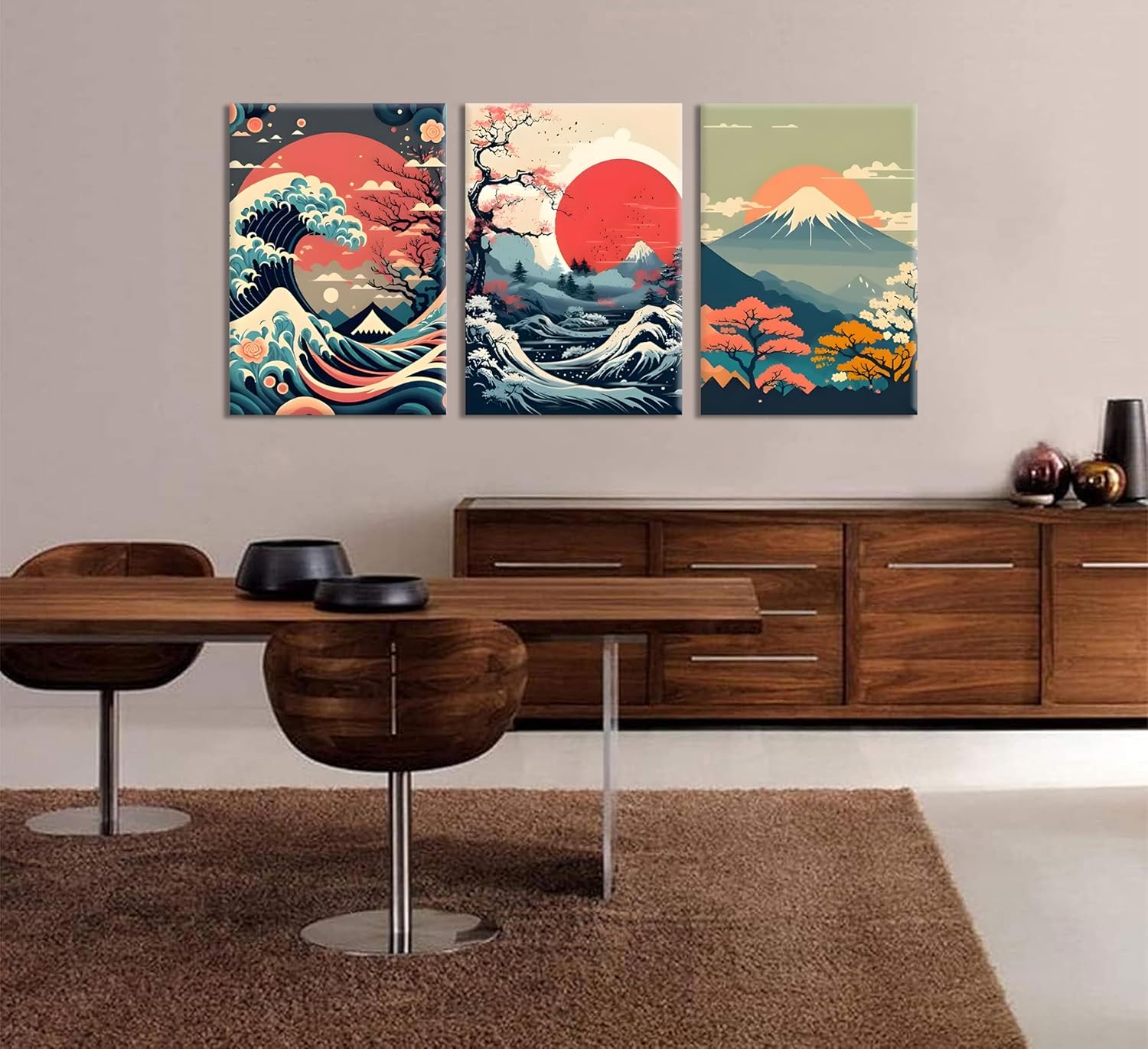 3Pcs Japanese Wall Art Japanese Fuji Wall Decor Asian Nature Landscape Posters Pictures Kanagawa Giant Wave Canvas Prints Cherry Blossom Lake Painting for Living Room Bedroom Office Framed