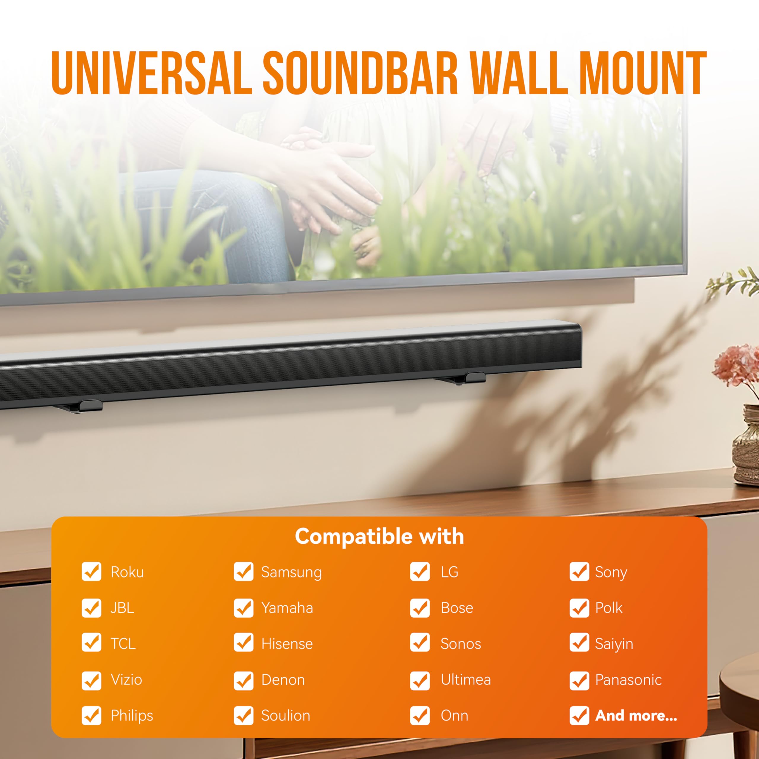 Close-up of the Agandax soundbar wall mount showing its steel construction and adjustable depth mechanism.