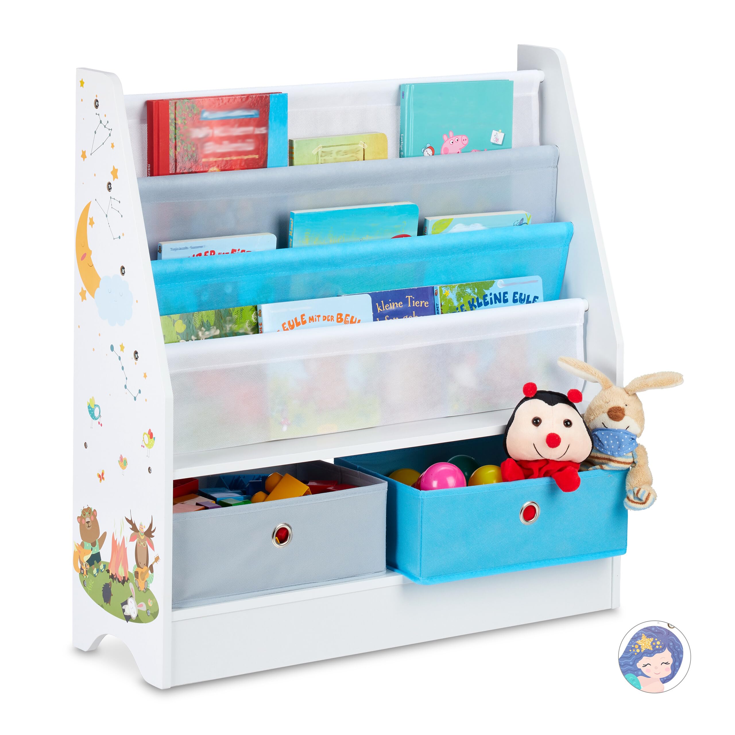 Relaxdays Estantería Infantil Animales, con 2 Cajas y 3 Bolsas Tela, Mueble Juguetes, Librería, 74x71x23 cm, Multicolor