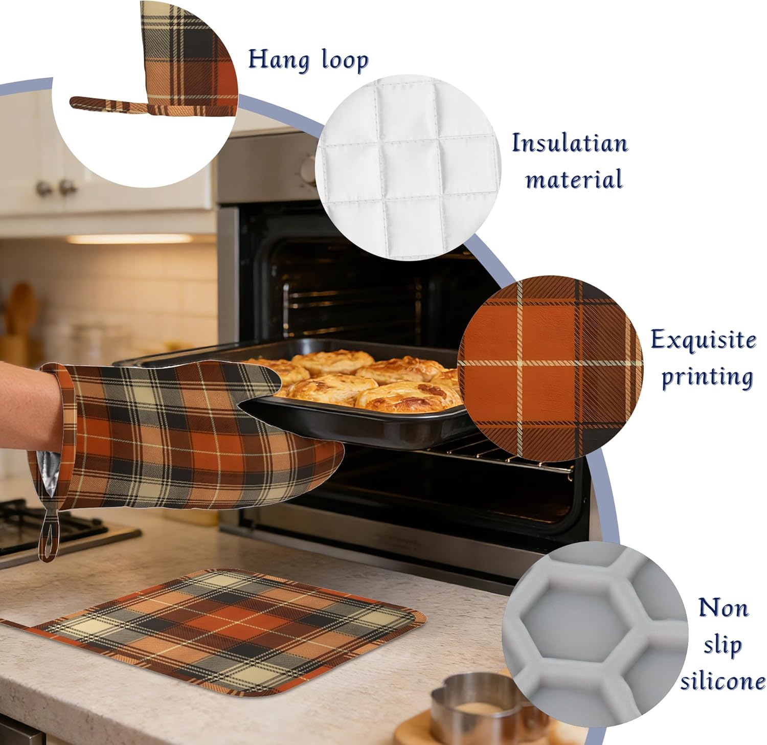Brown Buffalo Plaid Oven Mitts and Pot Holders Retro Check Silicone Kitchen Accessories Set of 4 Heat Resistant Non-Slip Long Gloves Potholder for Chef Cooking Baking Gifts Women Men