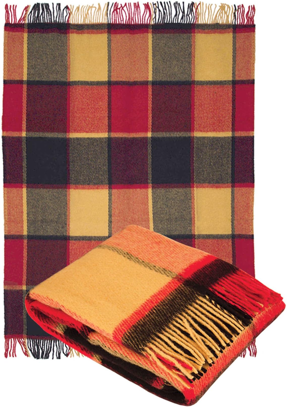 Pure Wool Throw Blanket with fringe 55x79” (Twin) classical Tartan Red Mocha, Medium Weight, made in Europe By Yaroslav Mill.