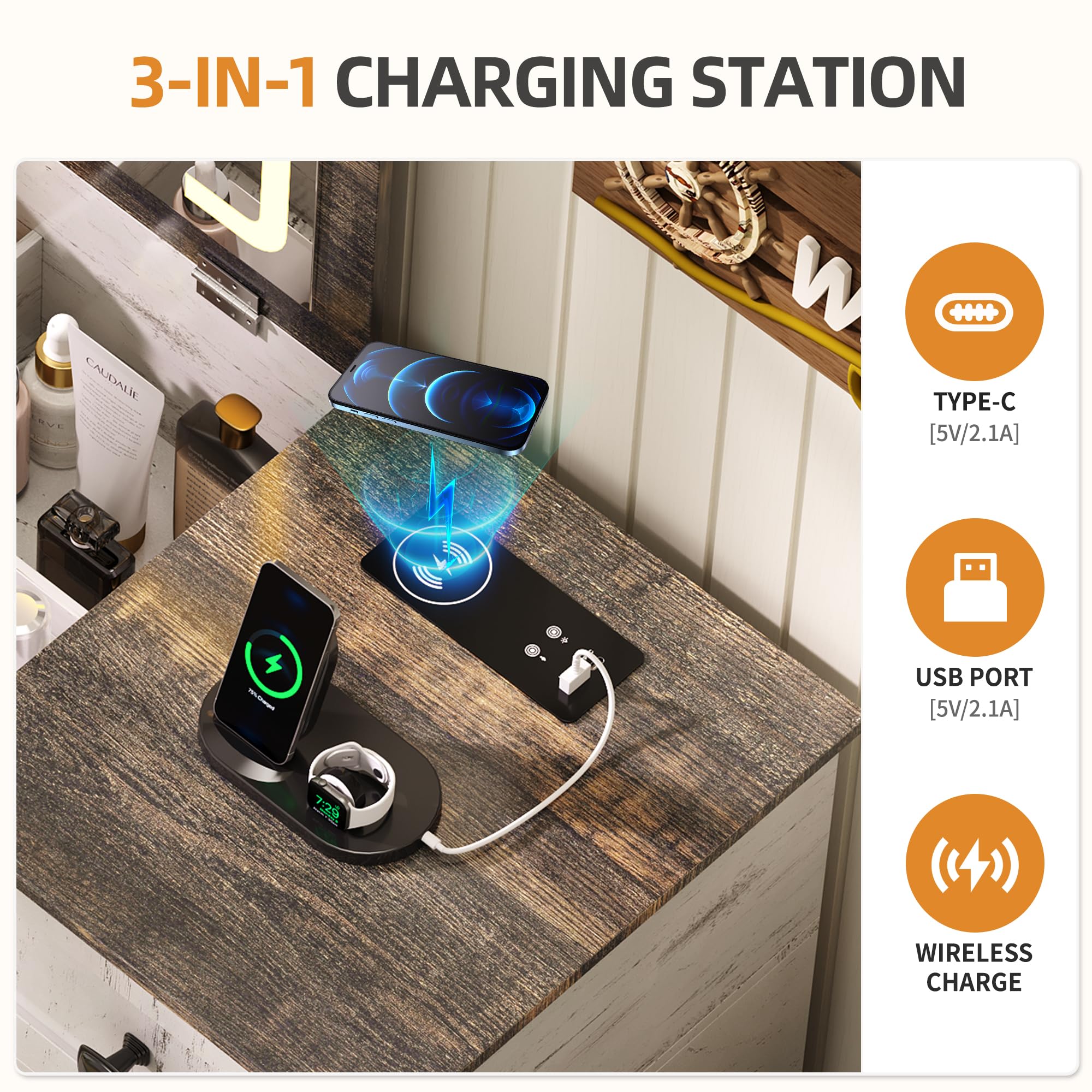 Gurexl 3-in-1 Vanity Desk with 3-Color Lights and Mirror,47.2