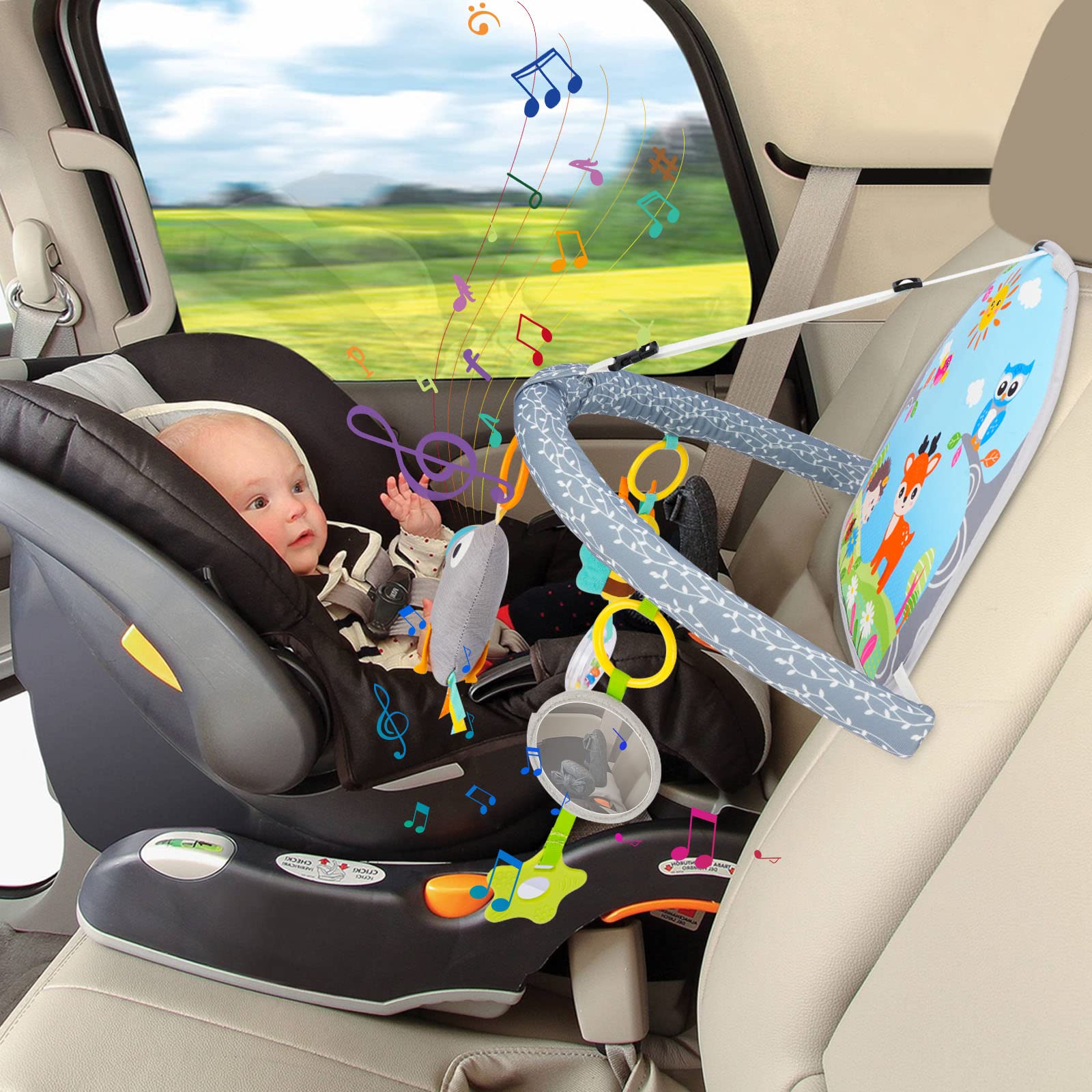 Bébé Siège de Voiture Jouets, Jeux Voiture Bebe Réglable Double Face Jouet avec rétroviseur et Centre d'activités en Arc avec Miroir Musical pour bébés