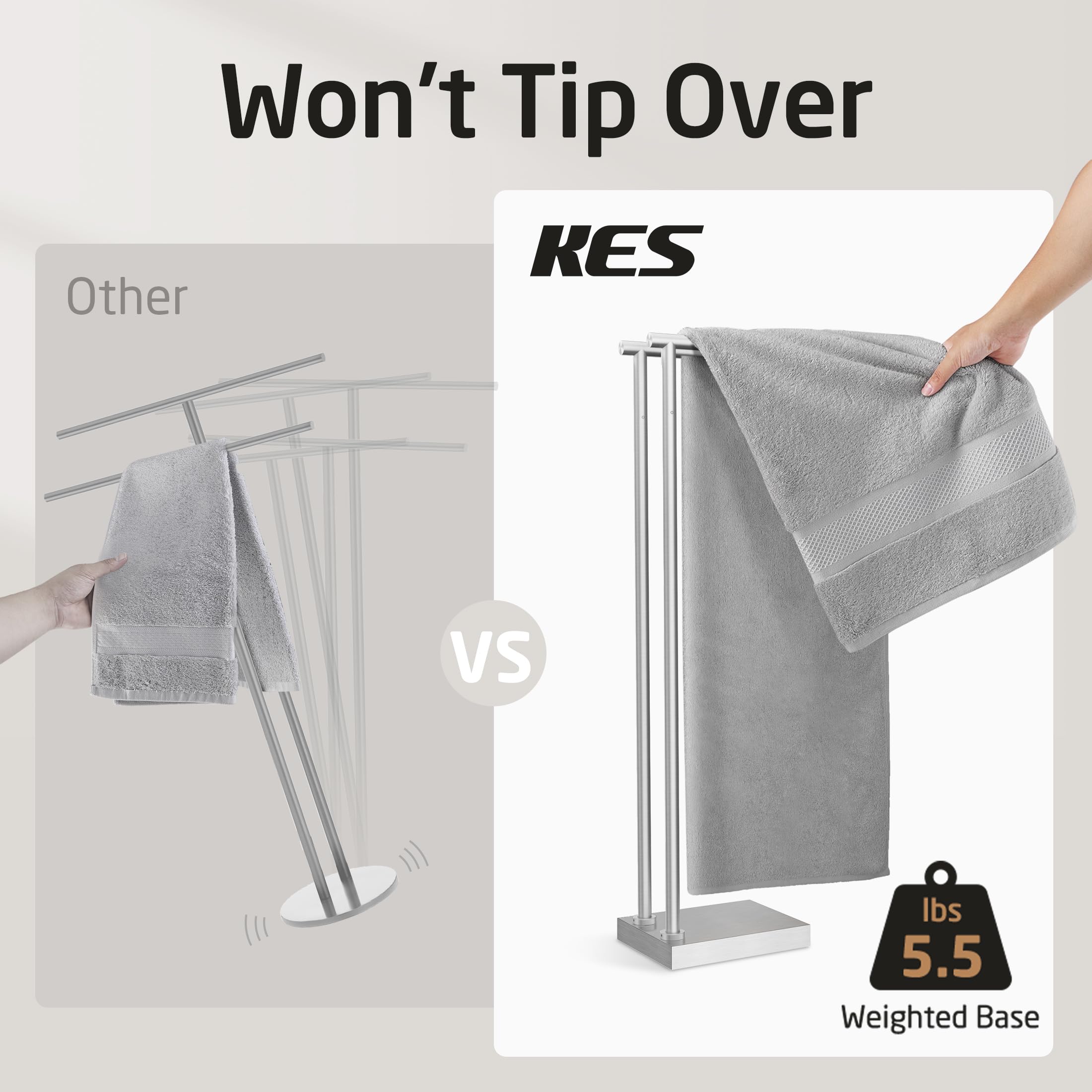 KES Toalleros de pie para baño con base 3 veces más gruesa, soporte para toallas de 2 niveles para suelo de baño, diseño estable mejorado, acabado cepillado de acero inoxidable 18/8 de grado