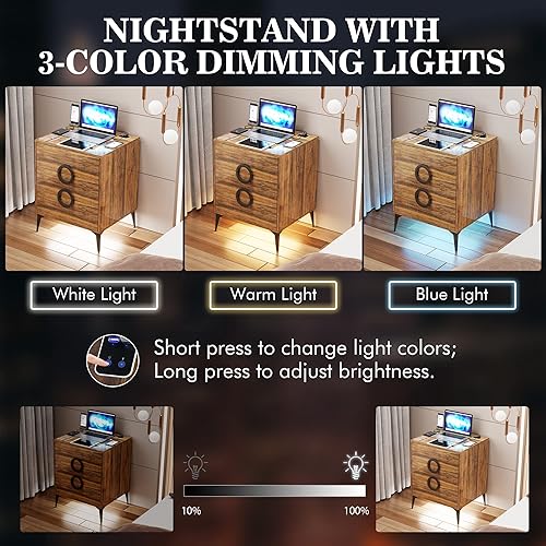 Miniatura 7 de DNBSS Mesita de noche con estación de carga mesita de noche LED de alto brillo mesita de noche con 3 cajones mesa auxiliar de camasoportes de noche