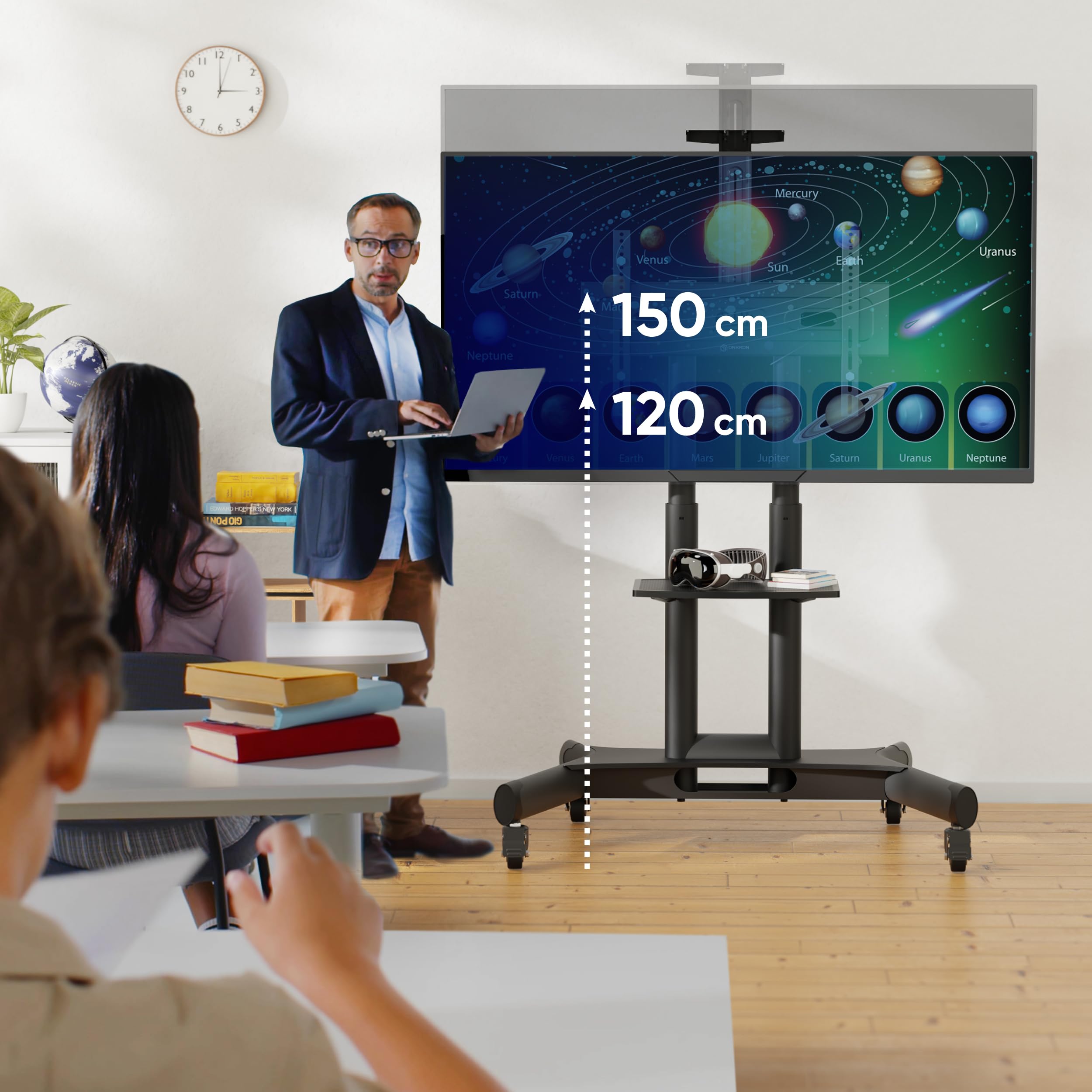 ONKRON Supporto TV da Pavimento con Ruote 40-70 pollici, Carico Totale 55.5 kg, VESA 100x100-600x400, Piedistallo Televisore, con Altezza Regolabile, Porta TV da Terra Mobile, Universale Nero TS1551-B