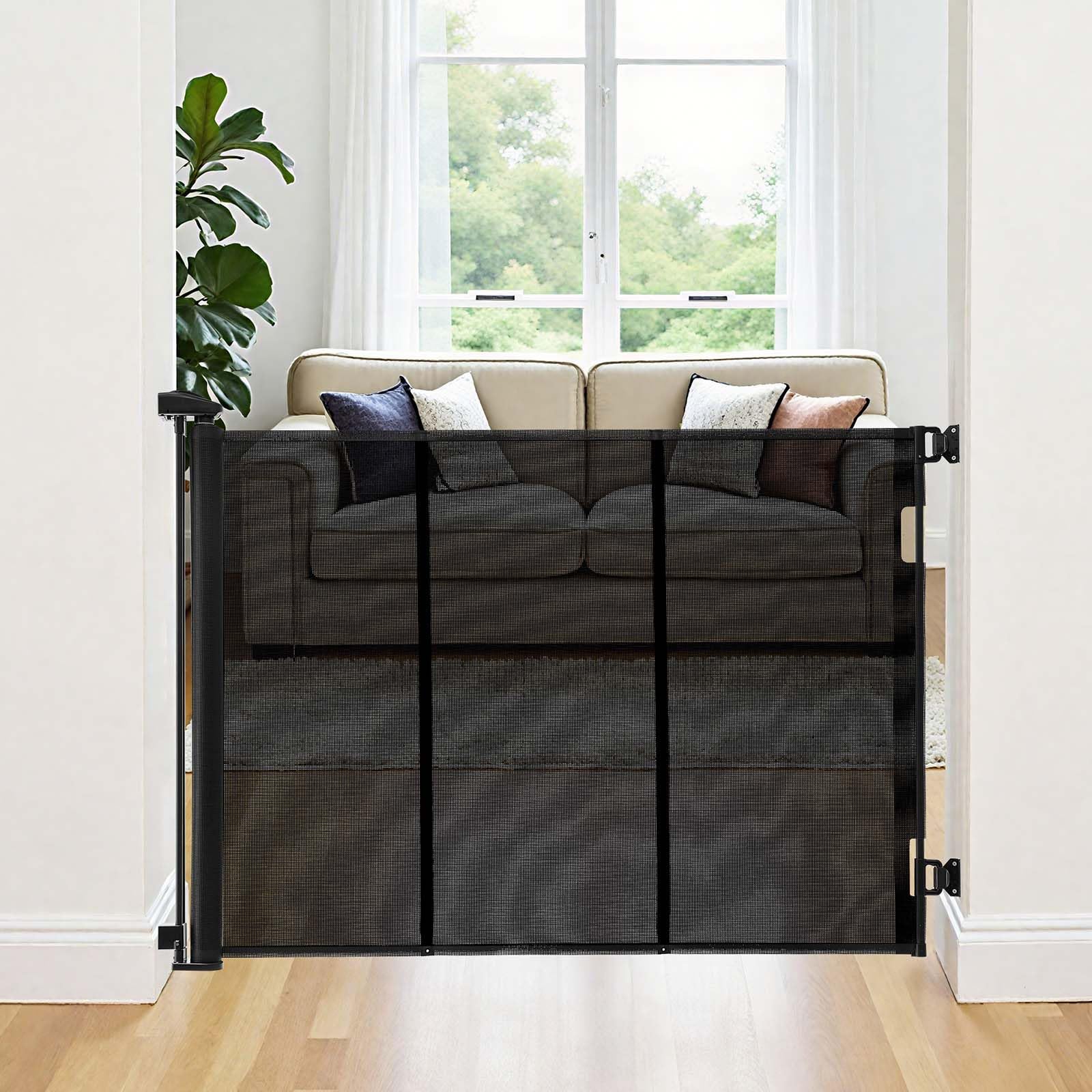 VEVOR Puerta Retráctil 325 x 105,5 cm, Valla de Seguridad para Perros, Panel de Malla Transpirable con Tiras de Fibra de Vidrio para Escaleras Interiores, Puertas, Pasillos, Salas de Juegos, Negro