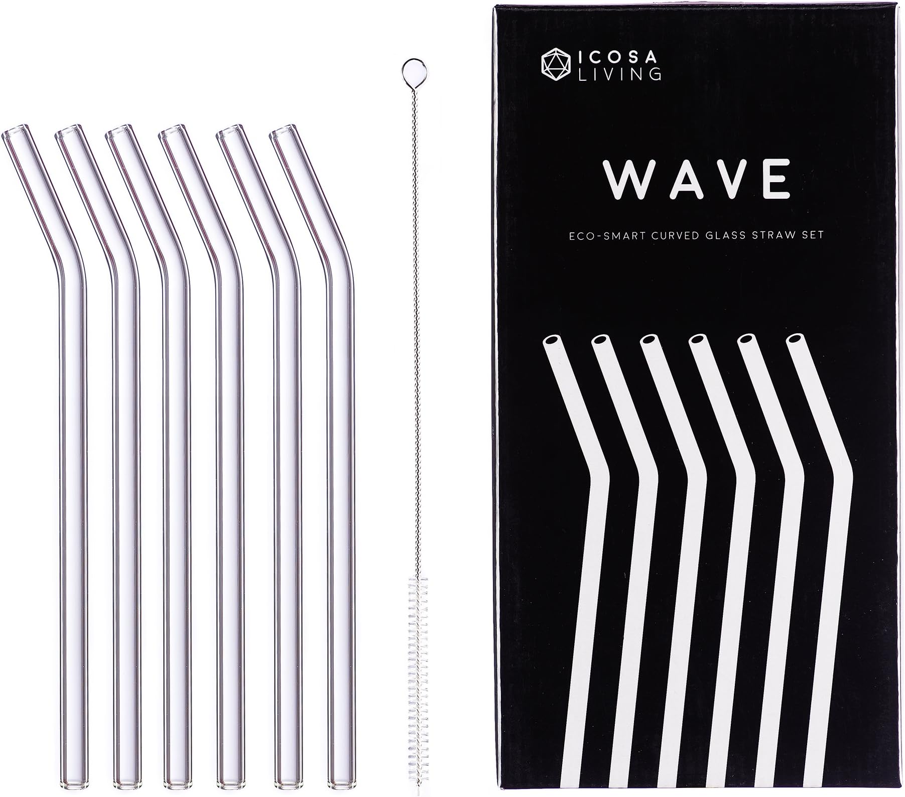 WAVE Premium Curved Glass Straws Set - 6 Pack, 9" x 10mm