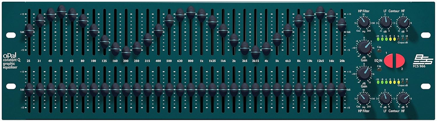 Front panel of the BSS FCS-966 Constant Q Graphic Equalizer, showing 30 faders per channel, HP/LF/HF contour controls, gain knobs, and output meters.