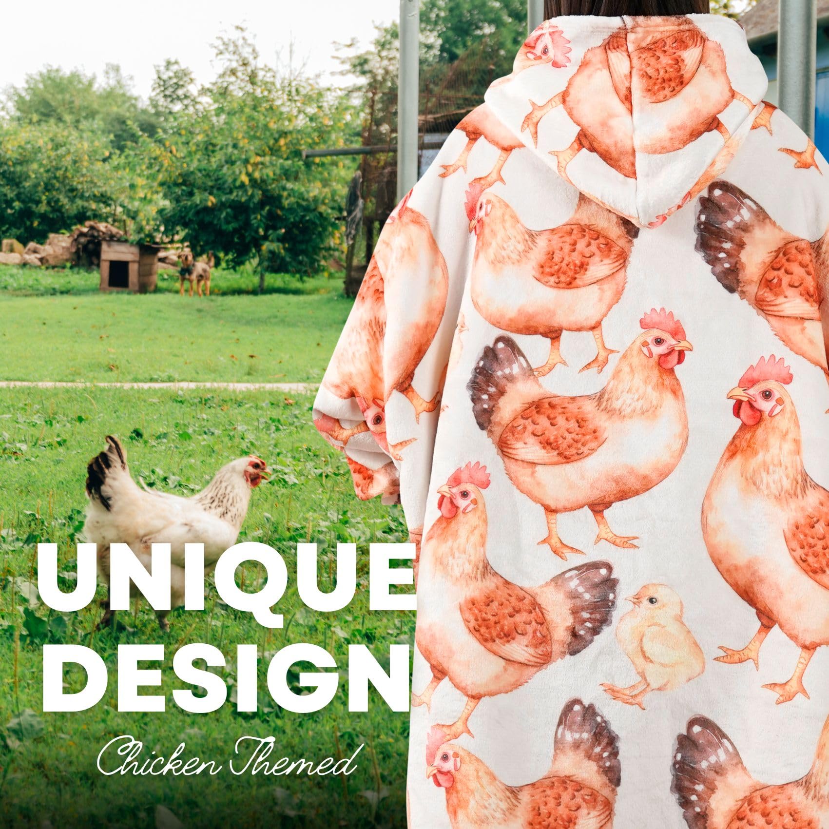 Chicken Gifts for Chicken Lovers, Rooster Lovers, Farmers, Women, Wearable Flannel Plush Chicken Rooster Blanket with Hoodie, Super Soft Warm Cozy with Giant Pocket - One Size Fits Most Brown