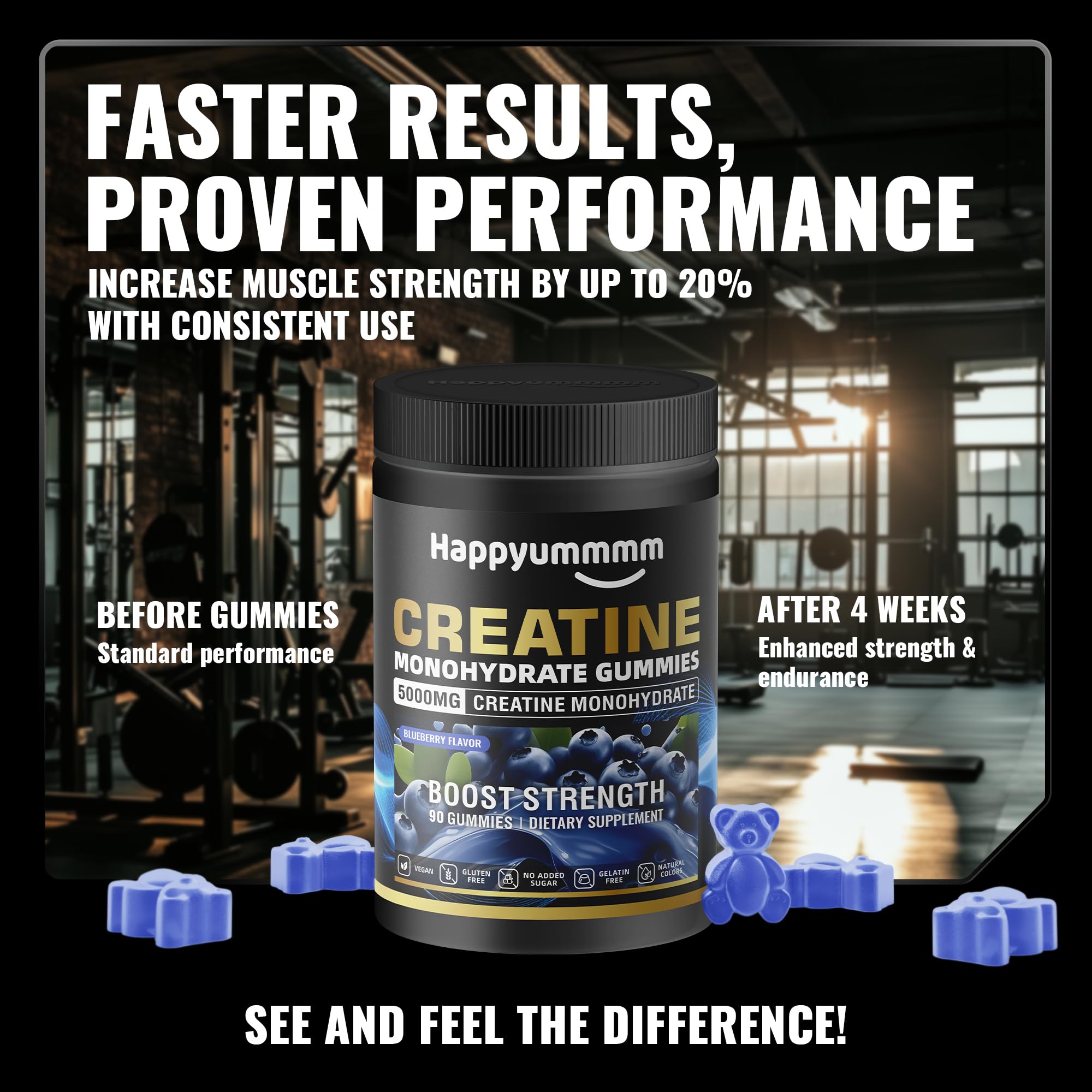 Creatine Monohydrate Gummies, NSF Certified, 5g Dose for Men & Women to Support Muscle, Strength, Recovery, Cognitive Health & Memory, Blueberry Flavor, 90 Gummies — Amazon image 6