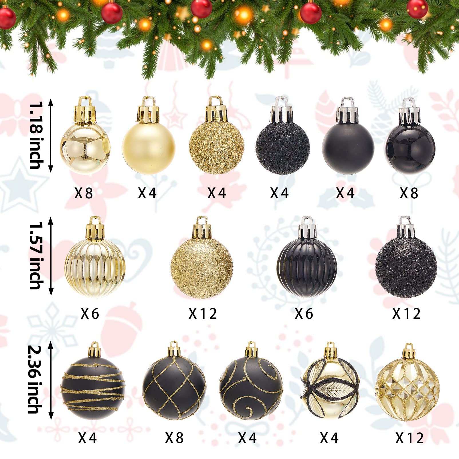 100Pcs Christmas Tree Ball Ornaments Set, Black and Gold Assorted Shatterproof Christmas Balls Decorations, Decorative Hanging Baubles for Holiday Weeding Party Home Decor
