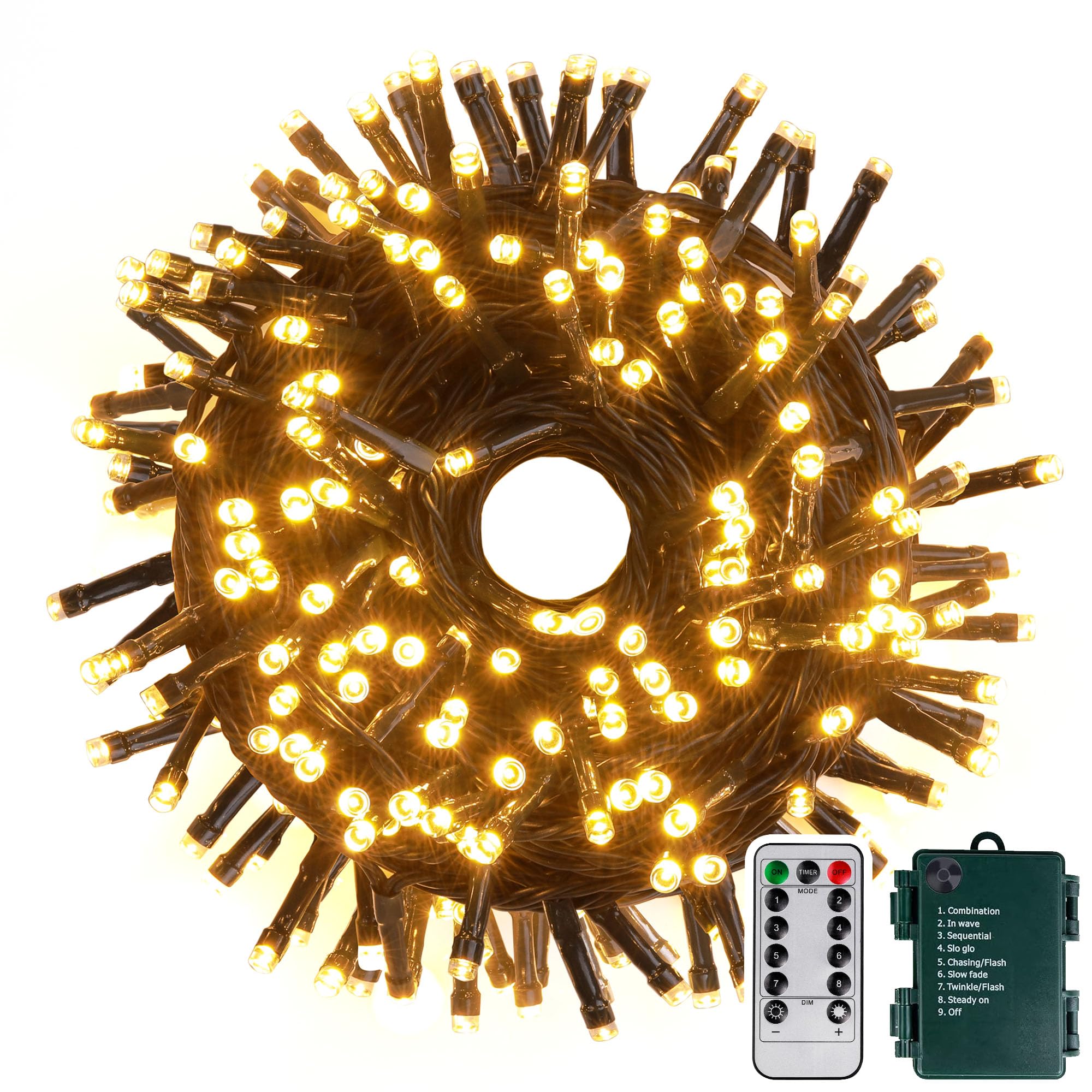 Tacobey Battery Operated Christmas Tree Lights, 20 m 200 LED Fairy Lights with Remote Control, 8 Modes, Waterproof, Timer, Christmas Lights for Outdoor and Indoor, Dark Green Cable - Warm White