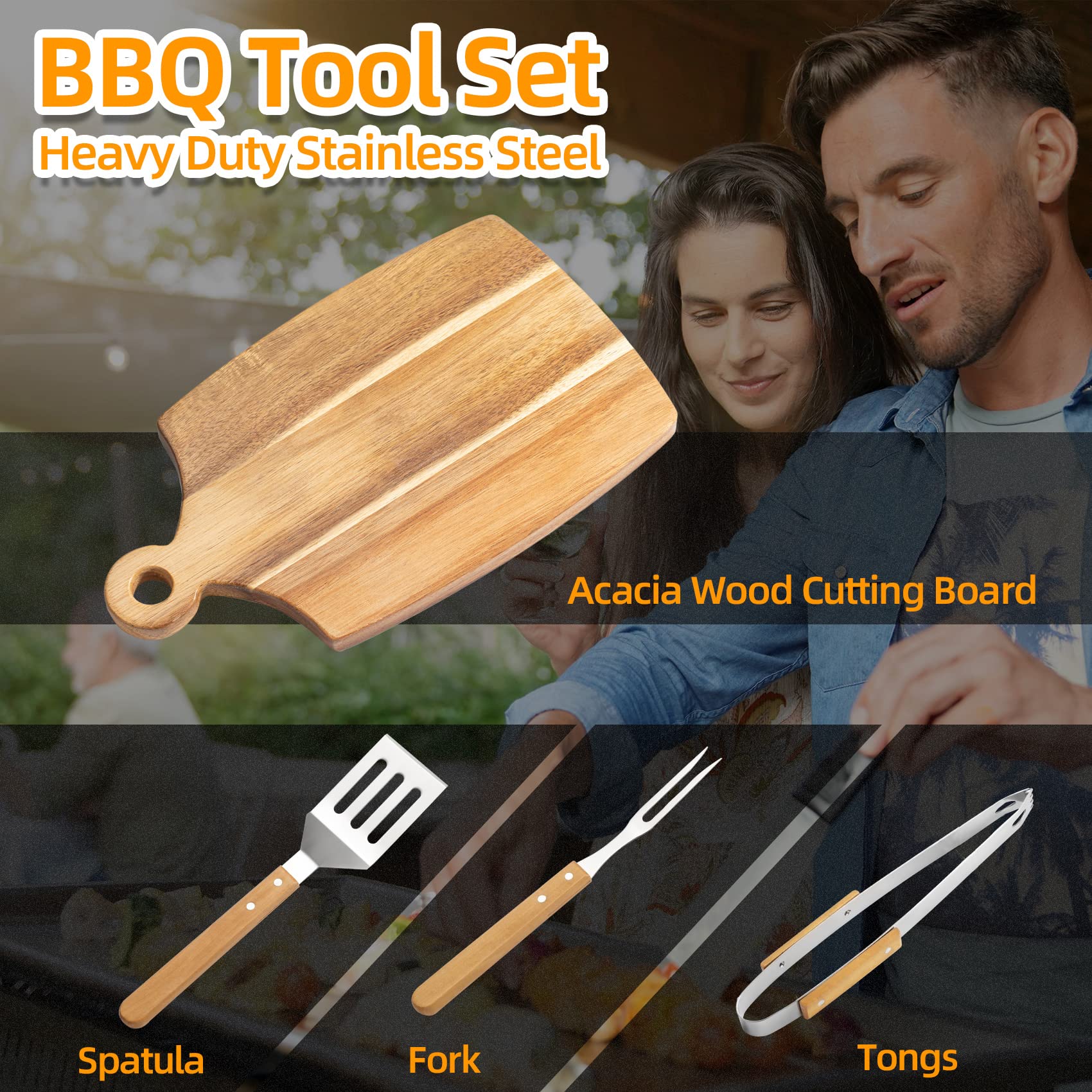 Juego de 4 herramientas de parrilla de acero inoxidable con tabla de cortar de madera de acacia, espátula, tenedor, pinzas de barbacoa, regalo de lujo con funda de transporte