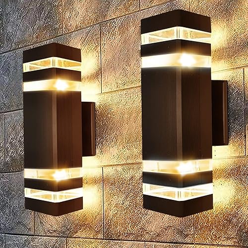Paquete de 2 luces de pared para exteriores luces cuadradas hacia arriba y hacia abajo con base E26 modernas lámparas exteriores impermeables de