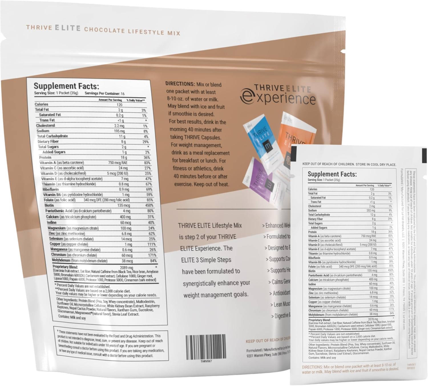 Le-Vel Thrive Elite Chocolate Lifestyle Mix | Protein Shake for Men & Women | Gluten Free Chocolate Protein Powder | High Calorie Protein Shake | 16 Packets (Single Serves)