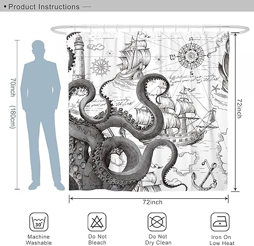 Miniatura 7 de DESIHOM Juego de cortinas de ducha de pulpo náutico gris, divertidas cortinas de ducha Kraken de océano para baño, decoración de mapa pirata costero