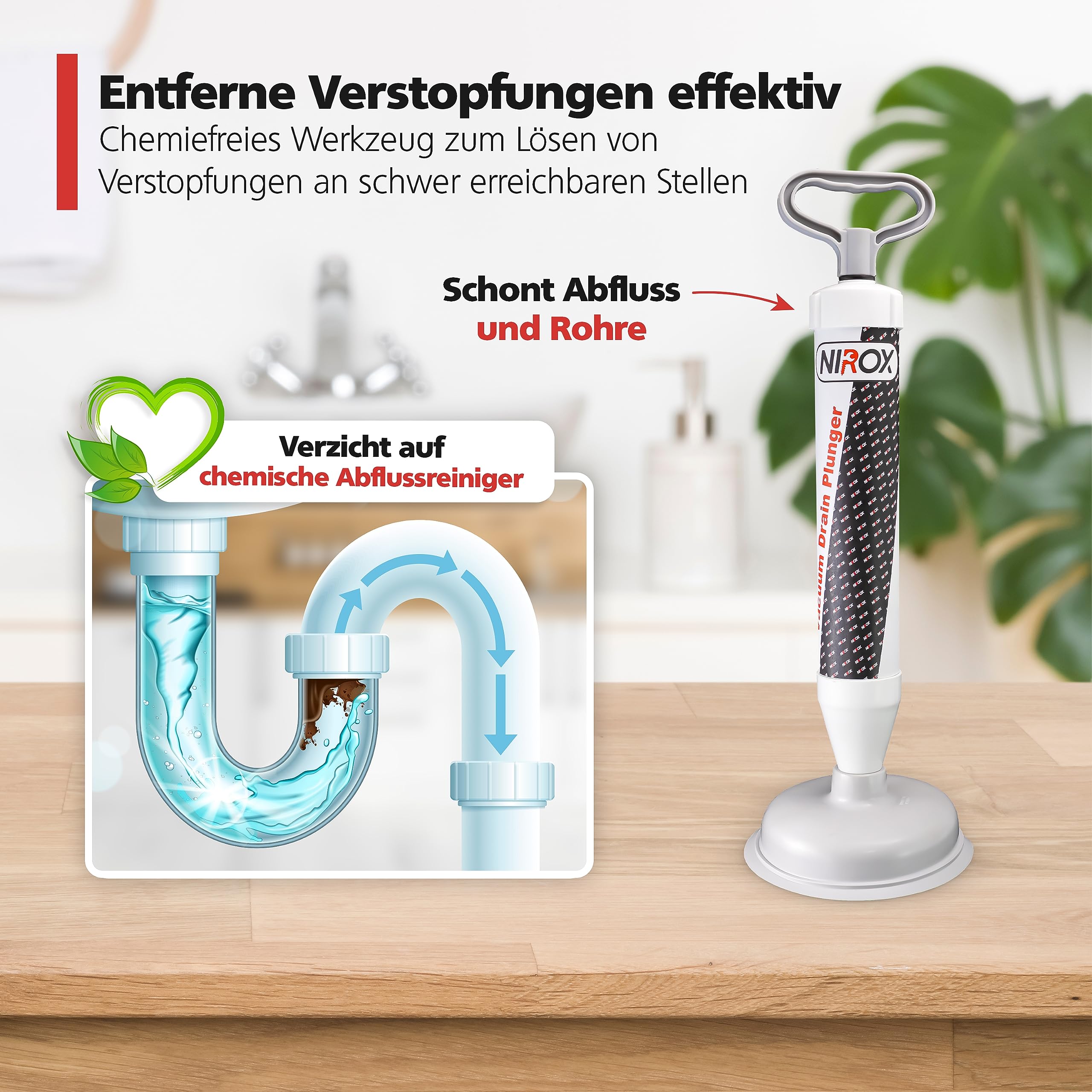 Nirox Saugglocke - Ausgussreiniger mit Hochdruck - Vakuum Pümpel mit starker Saugleistung - pflegeleichter Pömpel - Abflussstampfer mit kraftvoller Druckluft