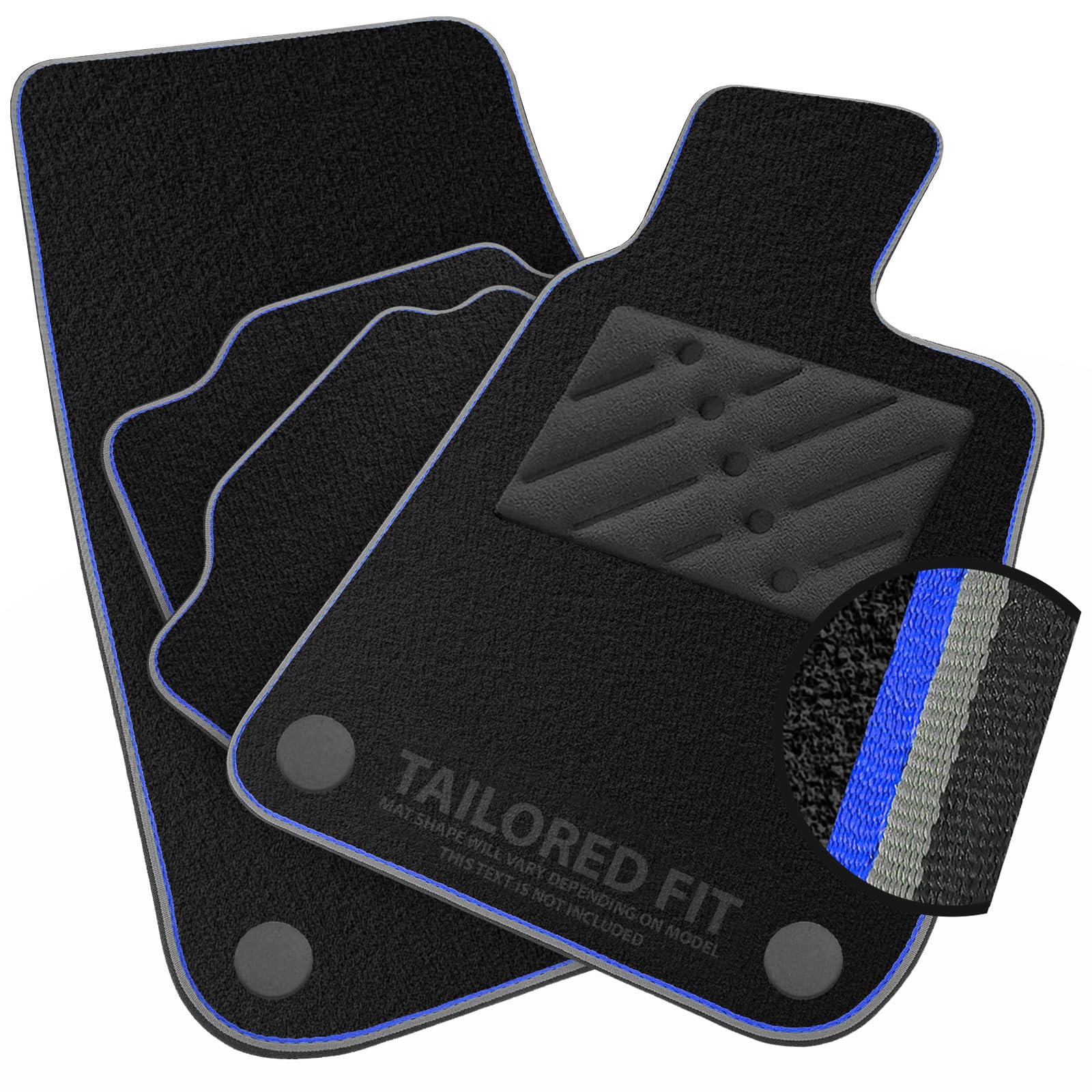 Car Mats to fit BMW 3 Series (E90/E91) (2005-2011) Black Carpet with Blue & Grey Trim & Black Rectangle Heel Pad [69]