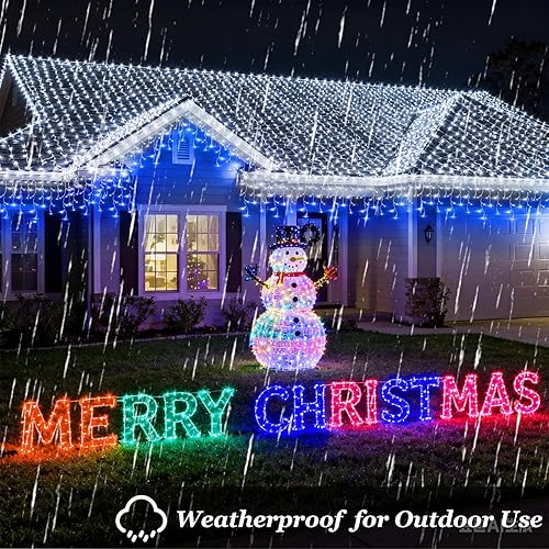Miniatura 6 de 810 luces LED de Navidad para interiores y exteriores, 82 pies, tira de luces azules y blancas con 180 gotas, 12 modos de luces de cortina