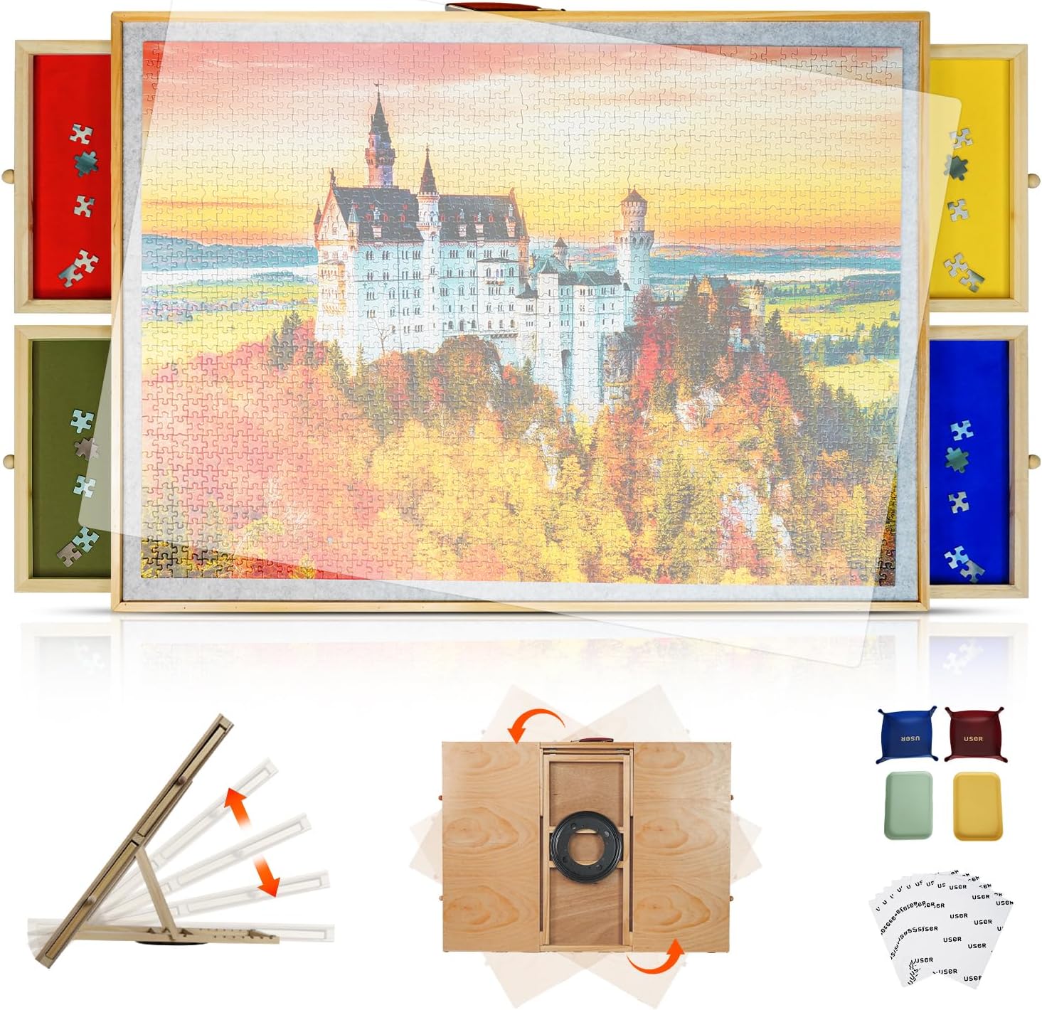 Product image of Elegant Wood Grain 2-in-1 Rotating & Tilting Puzzle Board 1500 Pieces, 36"x26" Wooden Board with Drawers, Lazy Susan Base, Cover, Storage Trays & Handle, Gift for Adults & Seniors